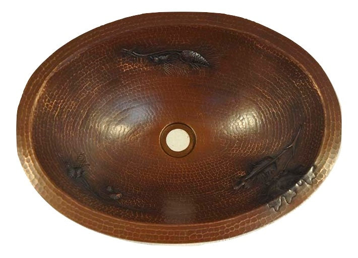 Modern Flat Edge Oval Copper Sink with Natural Branch Pinecones Design - Farmhouse & Rustic Kitchen Bathroom Vanity Decor