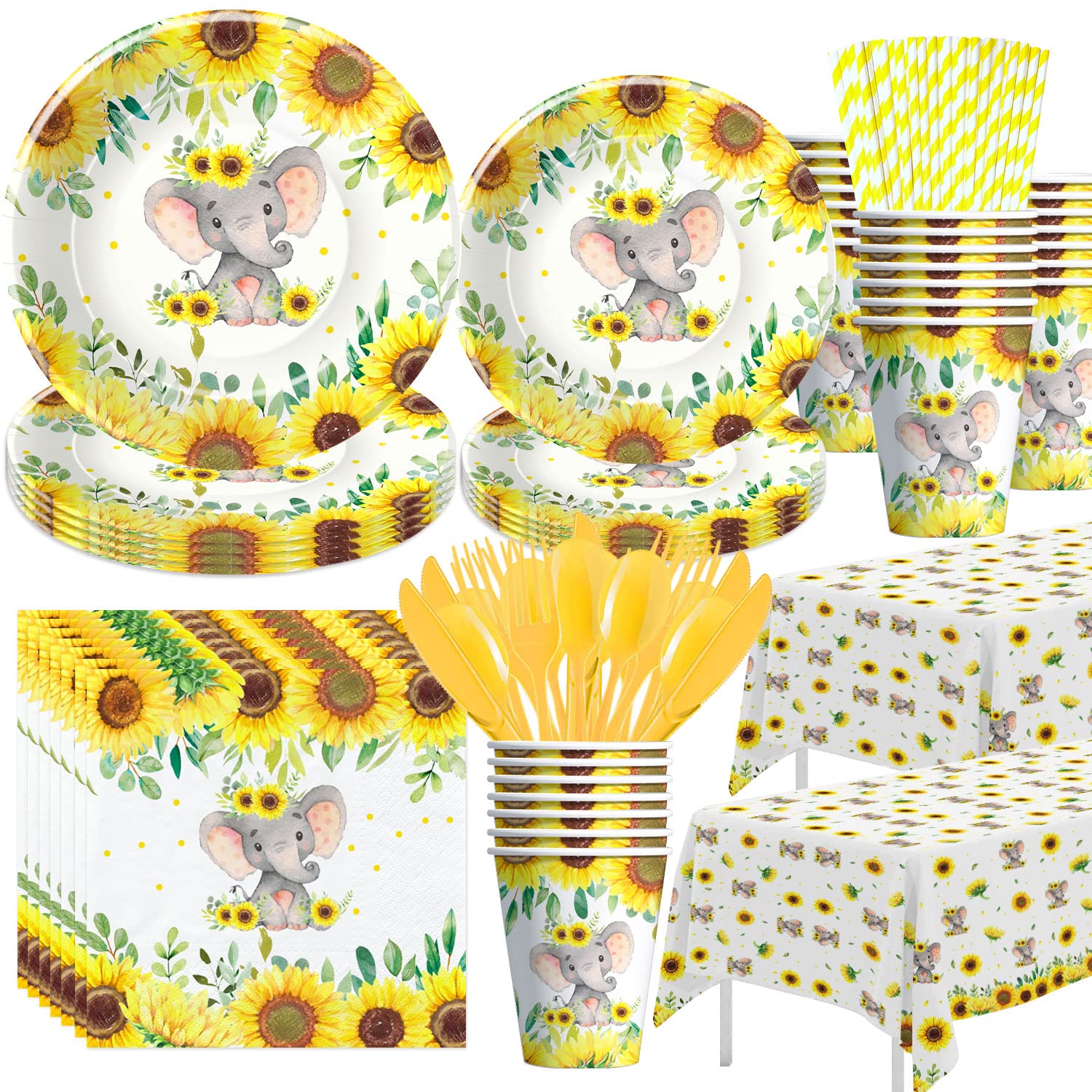 Xigejob Elephant Baby Shower Party Supplies Set - 24-Piece Tableware Kit with Plates, Cups, Napkins, Tablecloth, Cutlery & Straws | Perfect for Elephant-Themed Baby Showers, Birthday Parties & Nursery Decorations