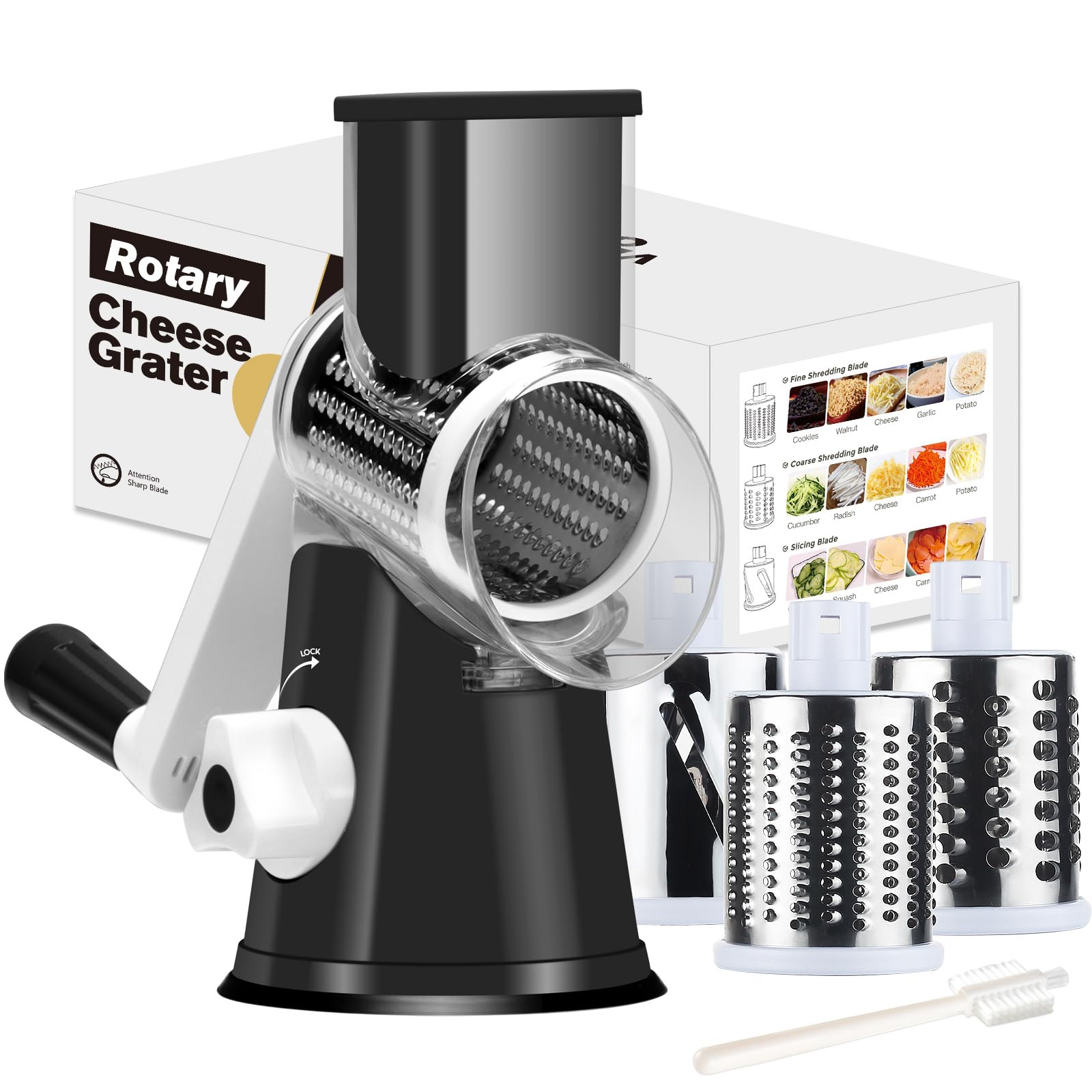 Rotary Cheese Grater with 3 Blades - Manual Vegetable Slicer & Nut Grinder for Kitchen Use