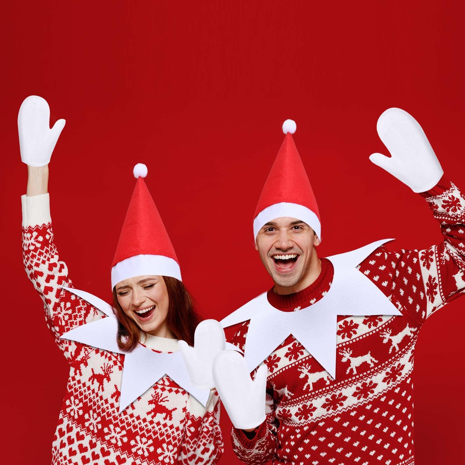 3 Pcs Christmas Elf Costume Set for Women & Men - Red & White Elf Outfit with Accessories for Halloween & Christmas Parties | Perfect for Holiday Cosplay, Office Parties & Festive Gatherings