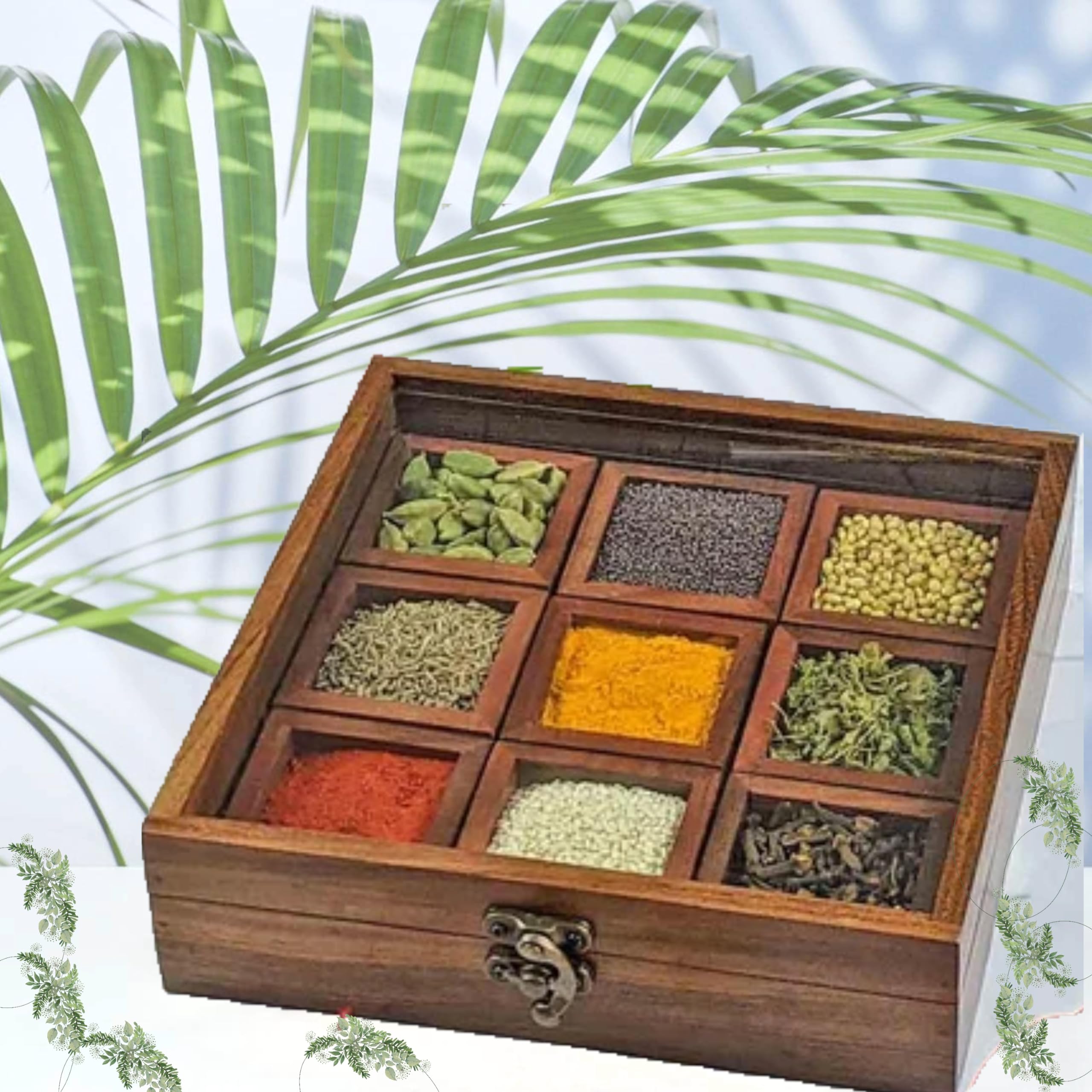 Premium Masala Dabba - 8 Inch Indian Wooden Spice Box with Glass Lid & Spoon | Sheesham Rosewood Spice Organizer | Perfect for Indian Cooking, Spice Storage & Kitchen Organization