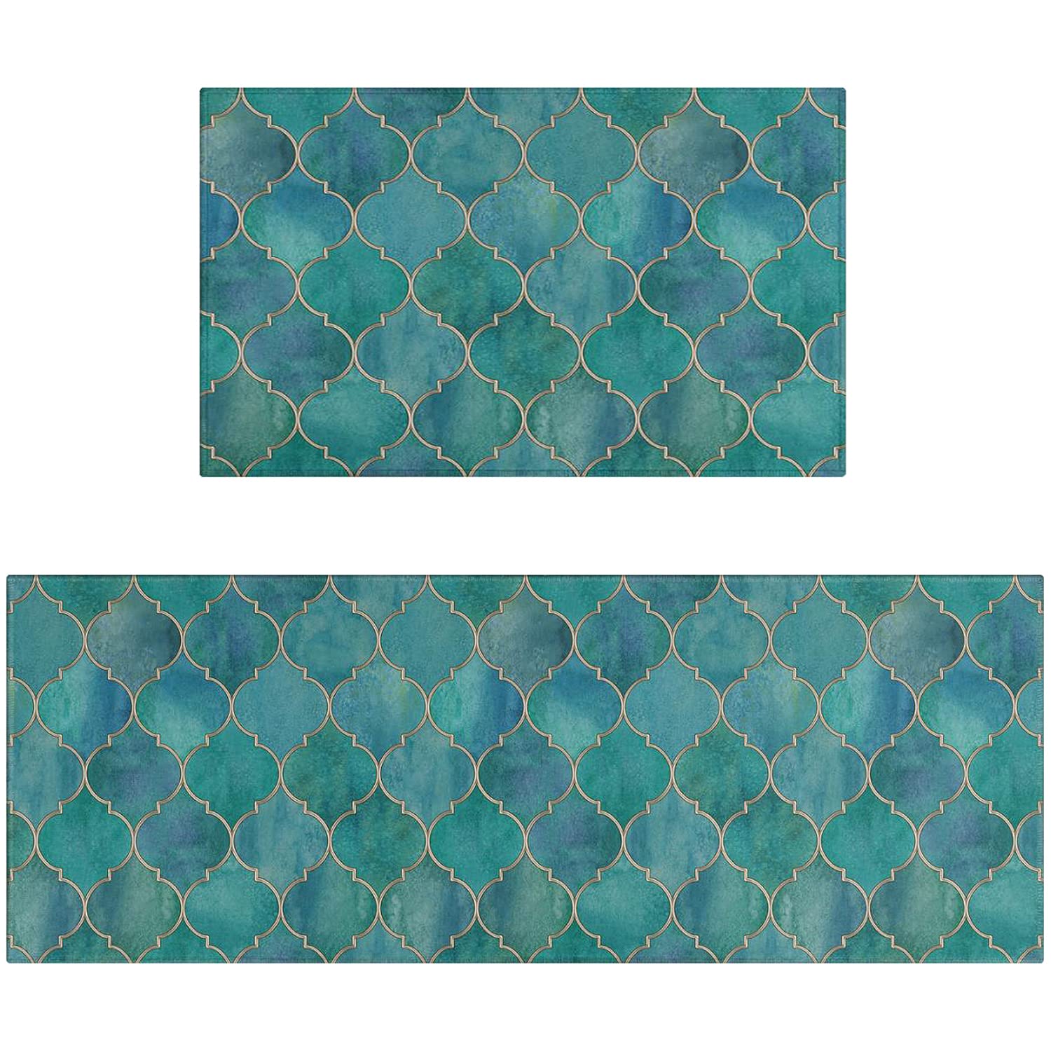 Non-Slip Washable Teal Kitchen Rugs Set of 2 - Soft Turquoise Decor Floor Mats for Kitchen, Dining Room & Entryway - Anti-Skid Bathroom Rug Pads with Non-Slip Backing (2-Piece Set)