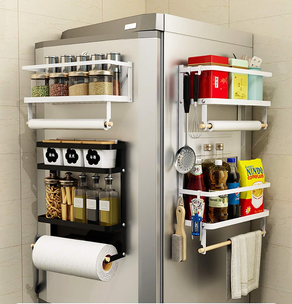 Magnetic Refrigerator Shelf Organizer - Black Fridge Spice Rack & Paper Towel Holder for Kitchen Storage | Space-Saving Spice Jars Organizer for Refrigerator Door & Cabinet (Perfect for Small Kitchens & Pantries)