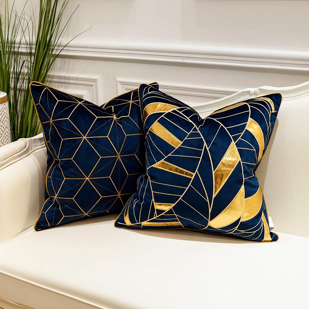 Avigers 18x18 Inch Navy Blue & Gold Plaid Luxury European Throw Pillow Cover - Decorative Cushion Case for Sofa, Living Room, Bedroom, Car - Perfect for Home Decor, Gifts & Seasonal Styling