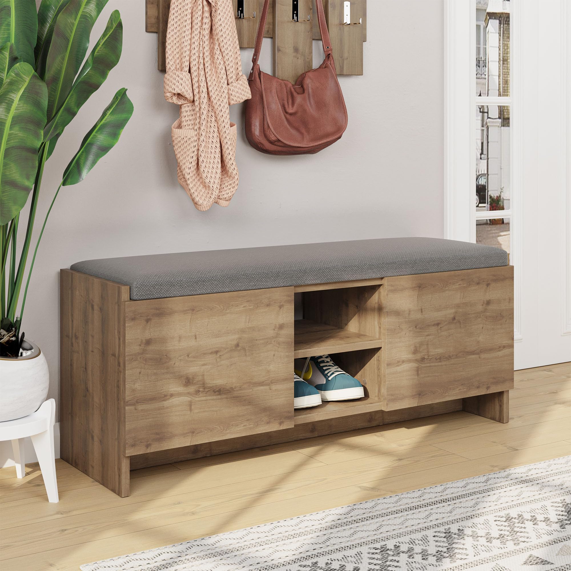 Rustic Walnut Shoe Storage Cabinet with Shelves and Bench - 43