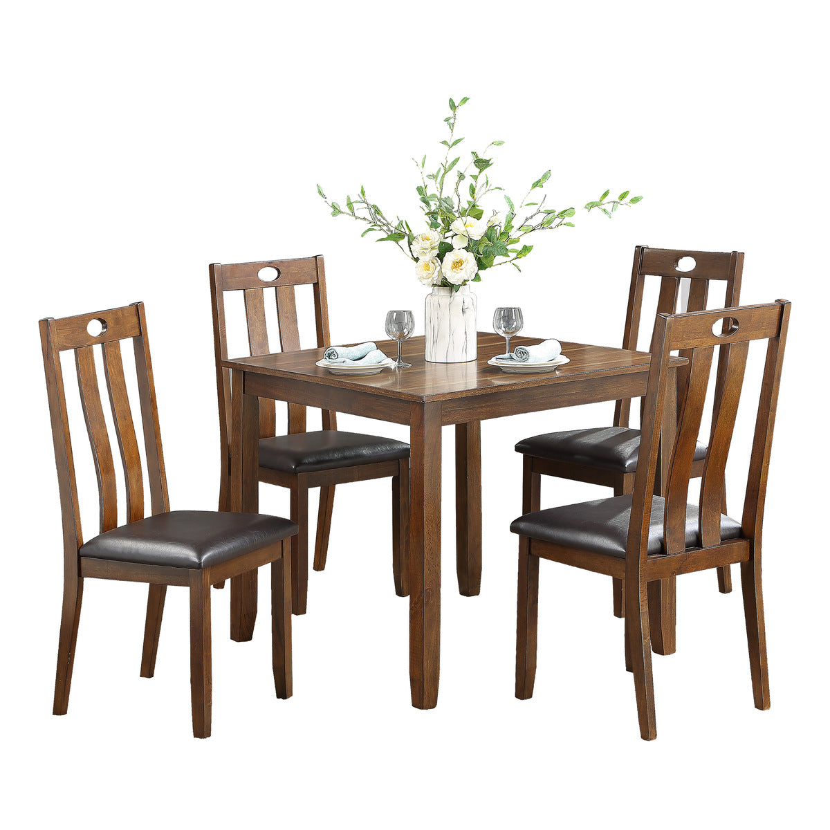 Acacia Wood 5-Piece Dinette Set with Brown Faux Leather Upholstered Chairs - Perfect for Kitchen, Breakfast Nook, Small Dining Room & Apartment Decor