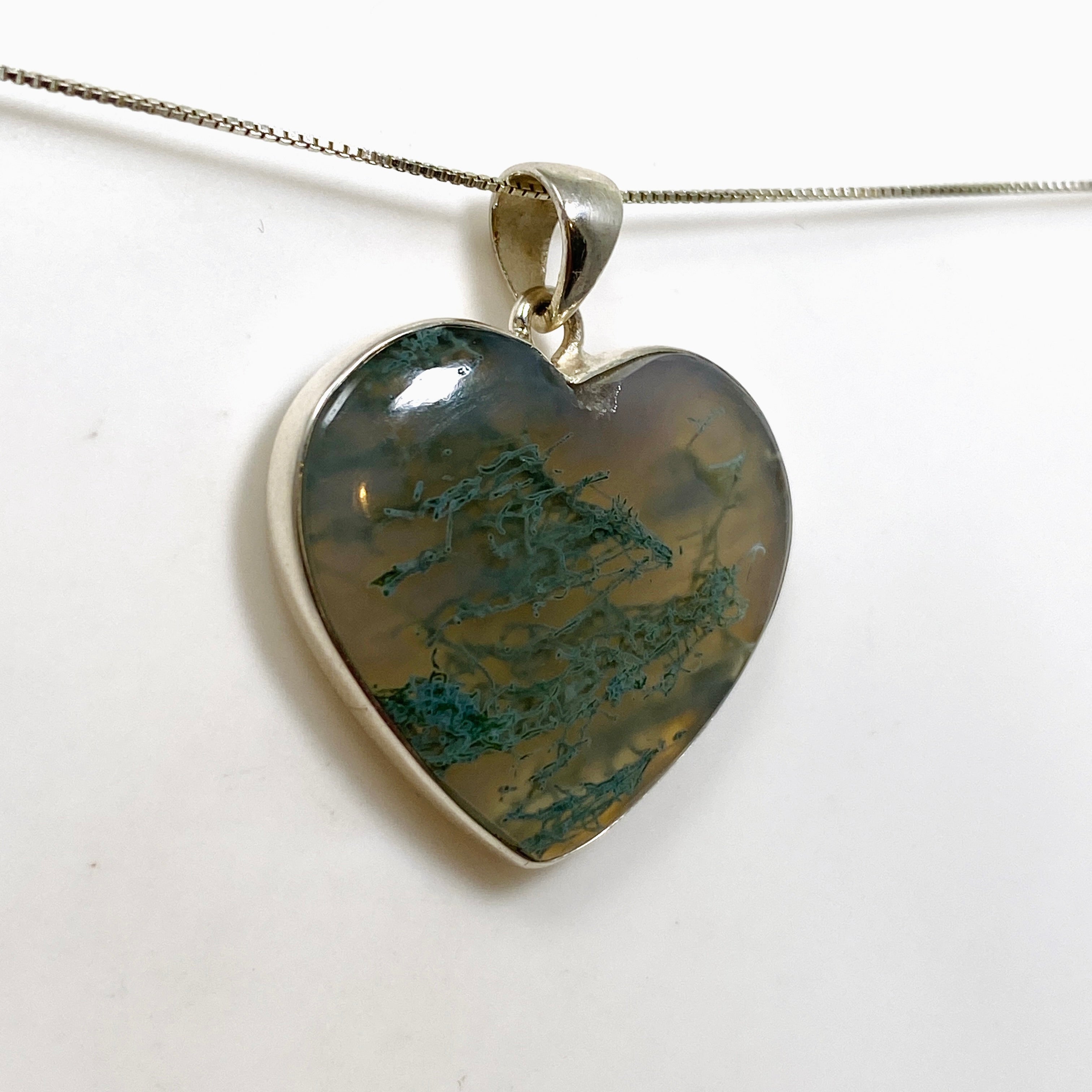 Natural Moss Agate Heart Cabochon Pendant Necklace - 925 Sterling Silver Jewelry for Women - Perfect for Valentine's Day, Anniversary & Spiritual Healing Gifts