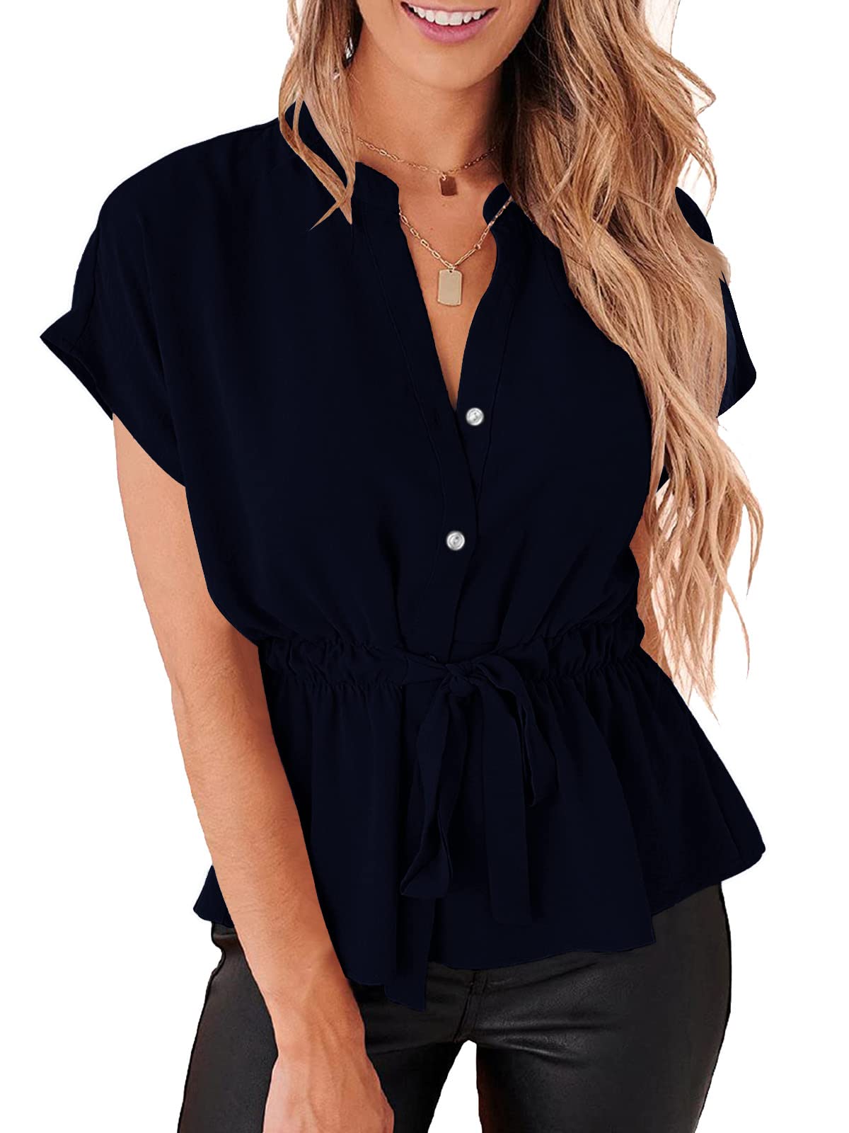 Women's Casual Chiffon Peplum Blouse - Button Down Henley Shirt for Summer, Office Wear & Date Night Outfits