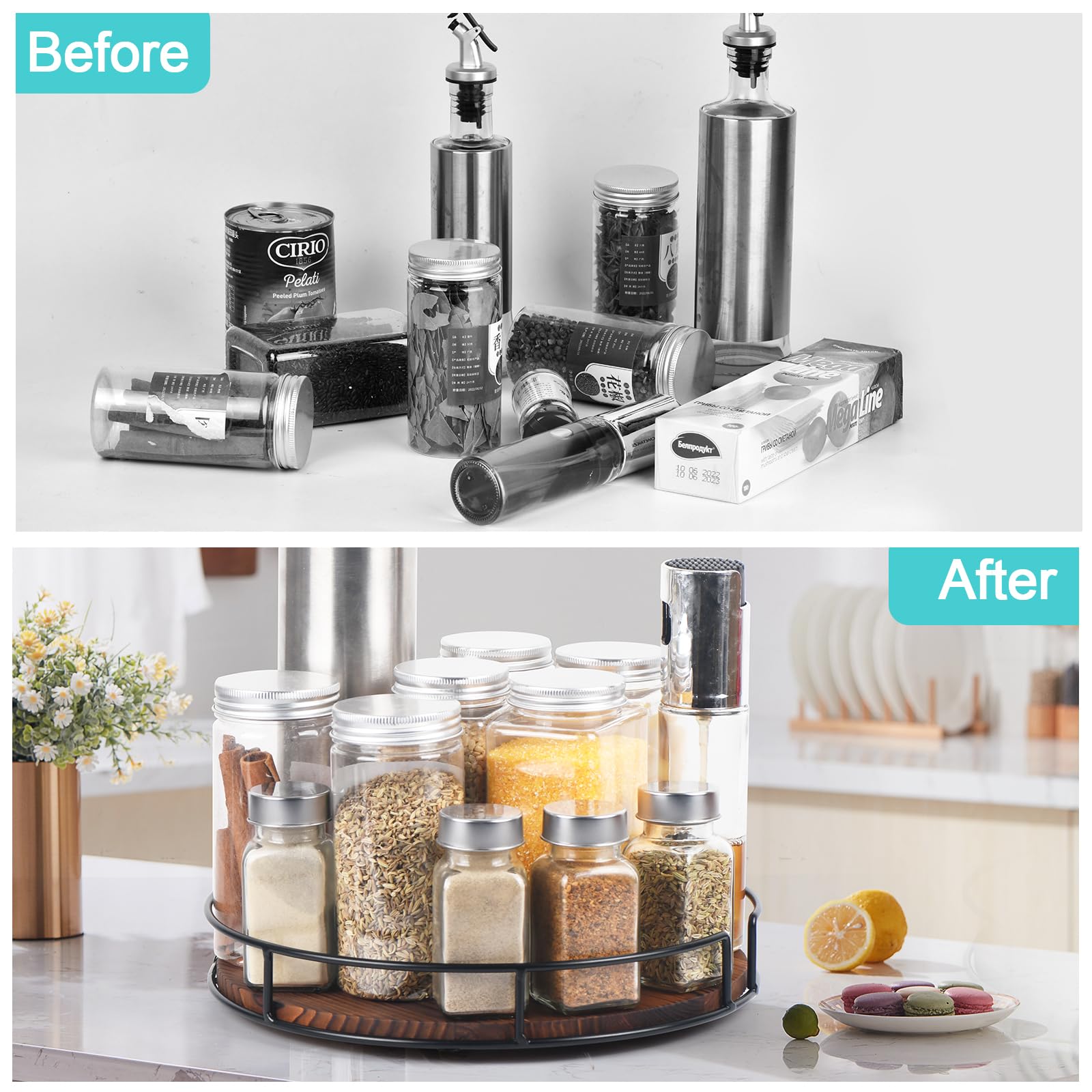 2 Pack Non-Skid Wood Lazy Susan Turntable Organizer - 10 Inch Spinning Tray for Kitchen Cabinet, Pantry, Countertop, Refrigerator & Spice Storage (Carbonized Black) - Perfect for Organizing Condiments, Makeup, or Office Supplies