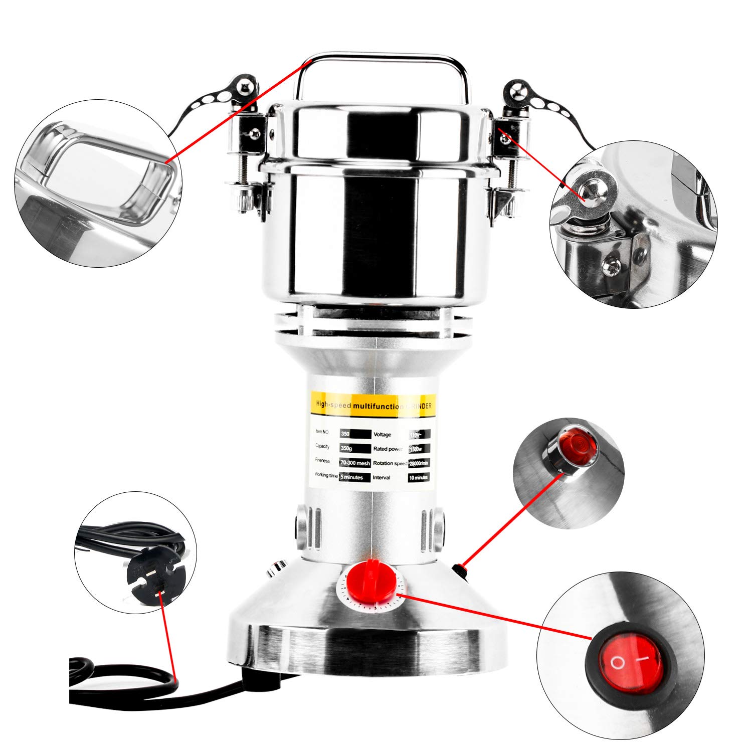350g High-Speed Electric Grain Mill Grinder - 1500W Commercial Stainless Steel Powder Machine for Spices, Herbs, Coffee & Pepper (70-300 Mesh, 28000 RPM) - Perfect for Home Kitchens, Bakeries & Coffee Shops