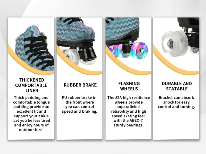 MilkyWay Unisex Roller Skates for Adults & Kids - High-Top Quad Skates with Double Row Wheels & Lightning Design - Perfect for Beginners, Indoor & Outdoor Skating, Rink Parties, Fitness & Fun