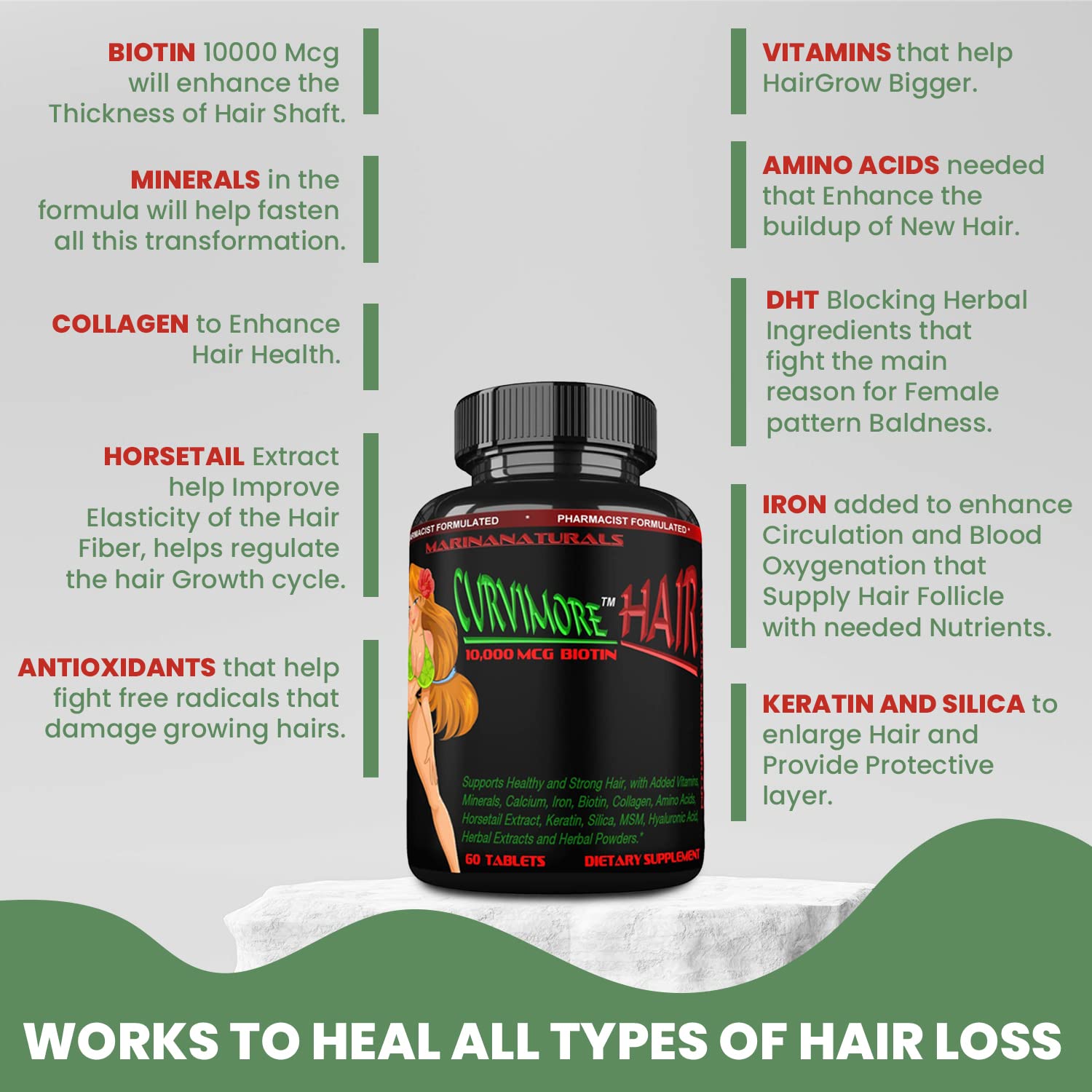 CURVIMORE Hair Growth Supplement with Biotin 10000mcg, Keratin, Collagen & Silica - 60 Tablets for Thicker Hair & Reduced Hair Loss | Supports Healthy Hair Growth with 35 Vitamins, Minerals & Herbs | Perfect for Men & Women Seeking Fuller Hair