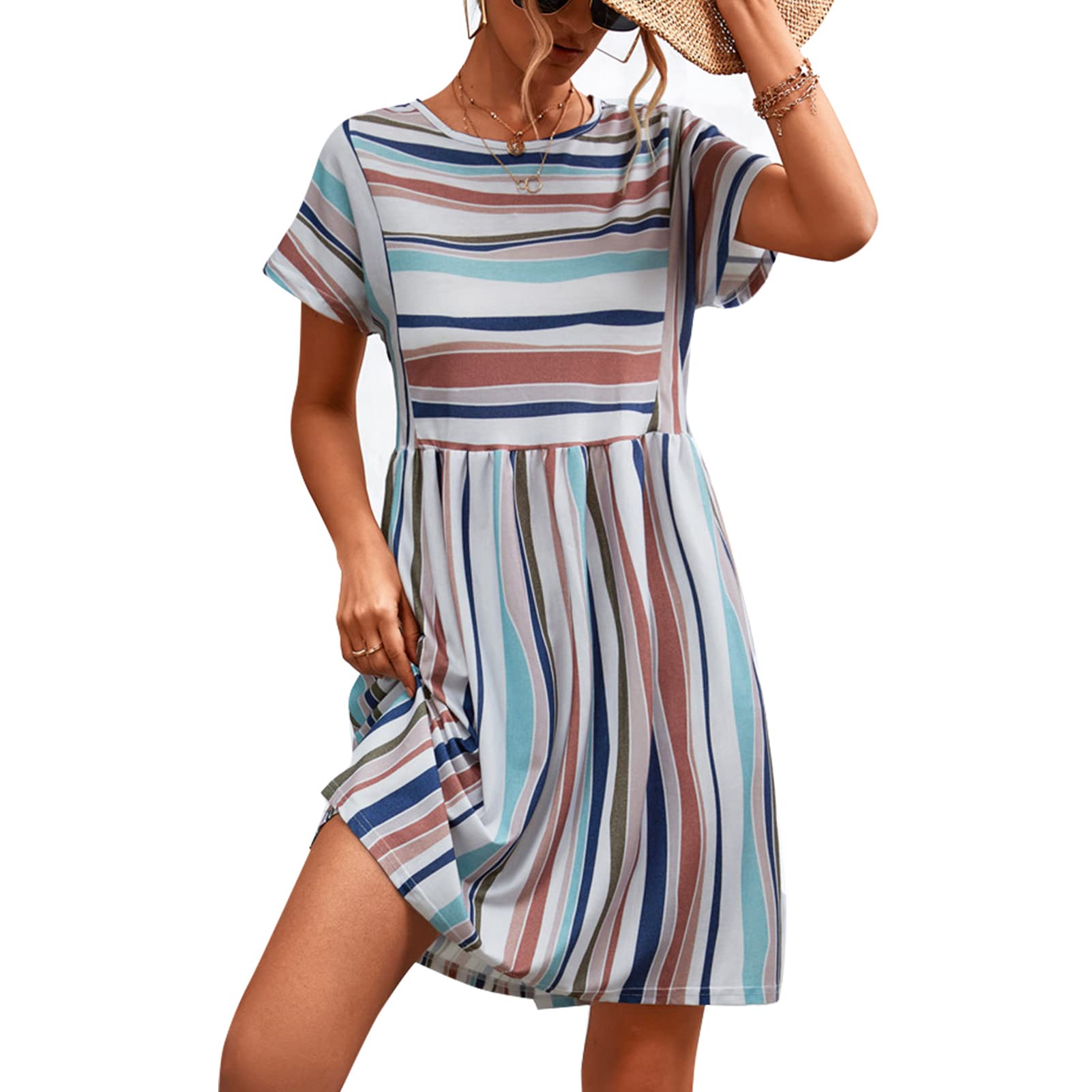 GOTOTOP Women's Striped Short Sleeve Casual Dress - Round Neck Loose Midi Summer Dress for Beach, Vacation & Everyday Wear