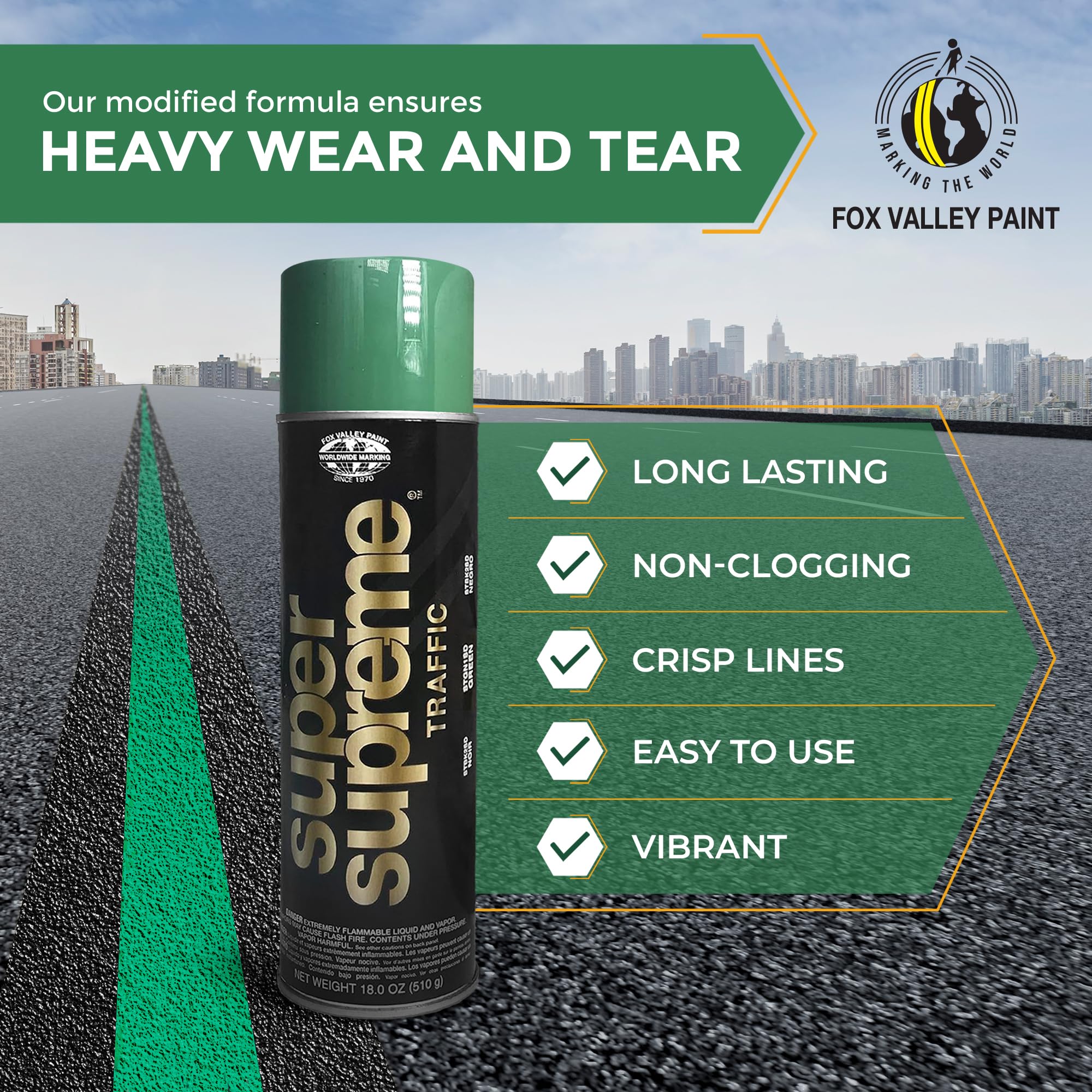 Fox Valley Super Supreme Traffic Spray Paint - 18 oz (Pack of 12), Green - High-Performance Road Marking Paint for Parking Lots, Sidewalks, Warehouses & Factory Floors - Easy to Use, Durable & Weather-Resistant - Perfect for DIY Projects, Construction Sites & Industrial Applications