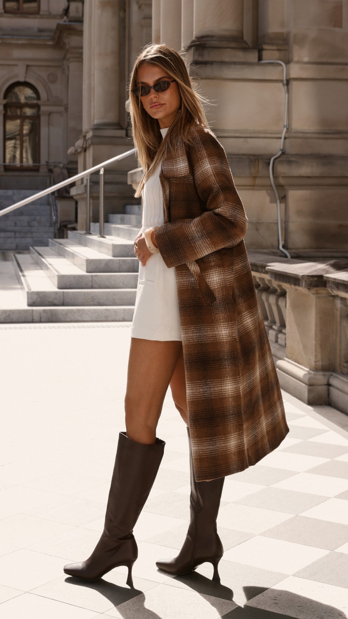 Haruna Coat - Brown & Beige Plaid Print Wool Jacket for Women | Warm Winter Outerwear for Office, Dating & Travel