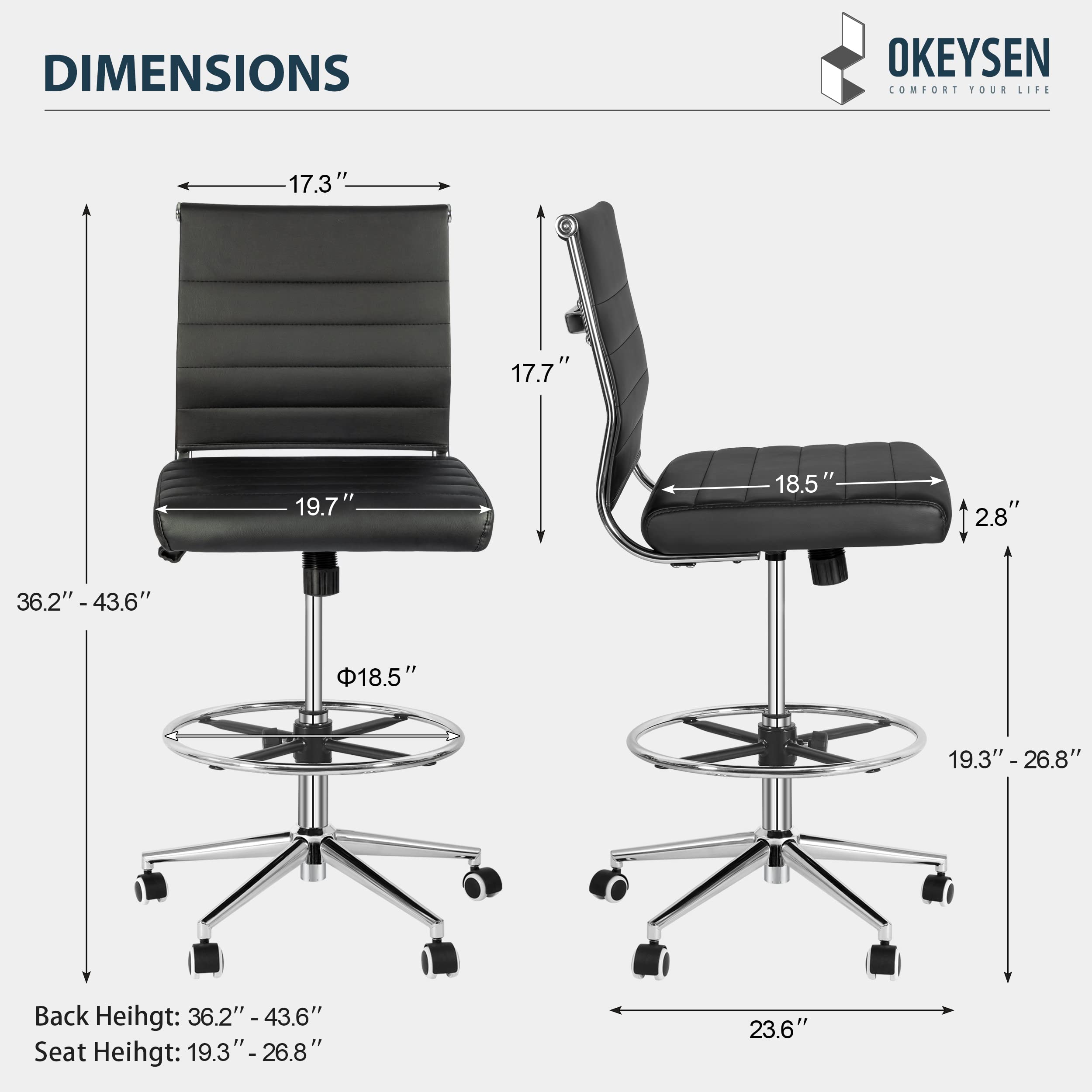 Okeysen Armless Drafting Chair - Adjustable Height PU Leather Office Chair for Standing Desks, Mid Back Support Rolling Stool with Footrest - Perfect for Home Office, Studio & Architectural Workspaces