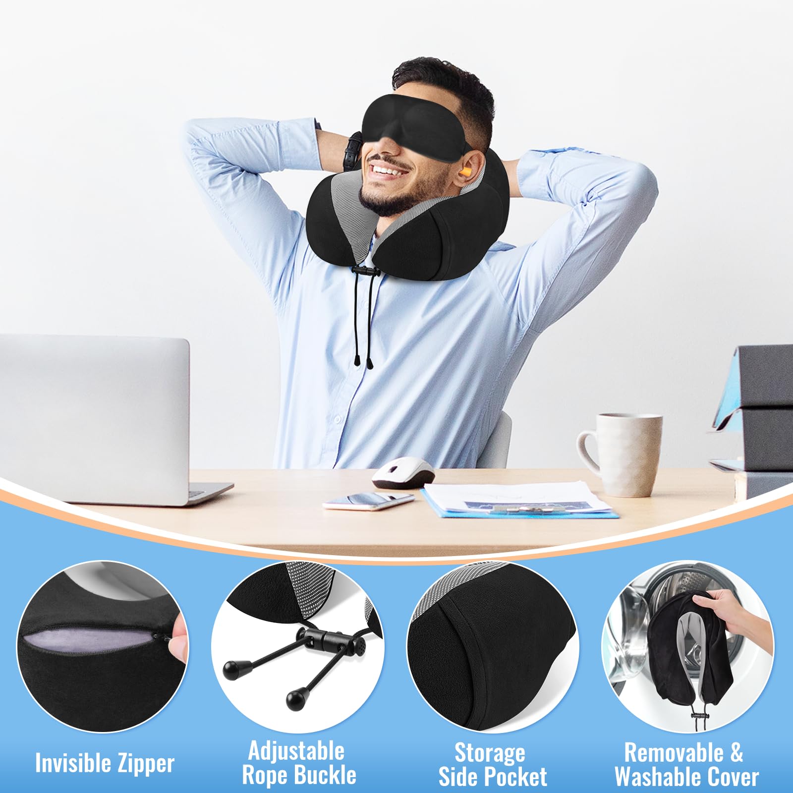 Premium Memory Foam Travel Neck Pillow - CloudBliss Comfortable & Supportive Sleeping Pillow for Airplane, Car, Office & Home Use - Perfect for Long Flights, Road Trips & Power Naps (Black)
