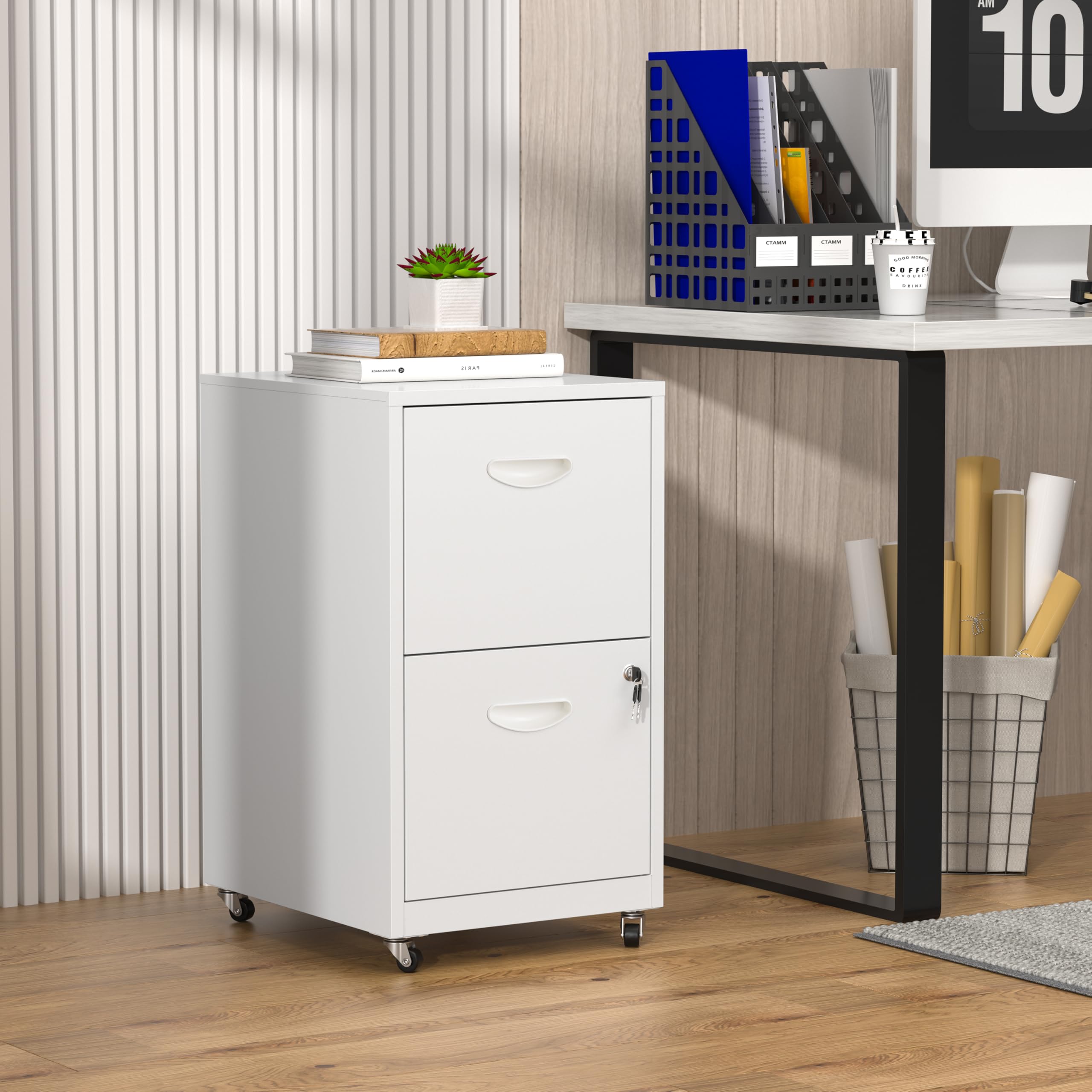2-Drawer Rolling File Cabinet with Lock - Mobile Under Desk Storage for Home Office, Black File Organizer with Wheels Fits Letter/A4 Size - Perfect for Printer Stand, Document Organization & Small Space Storage (Assembly Required)