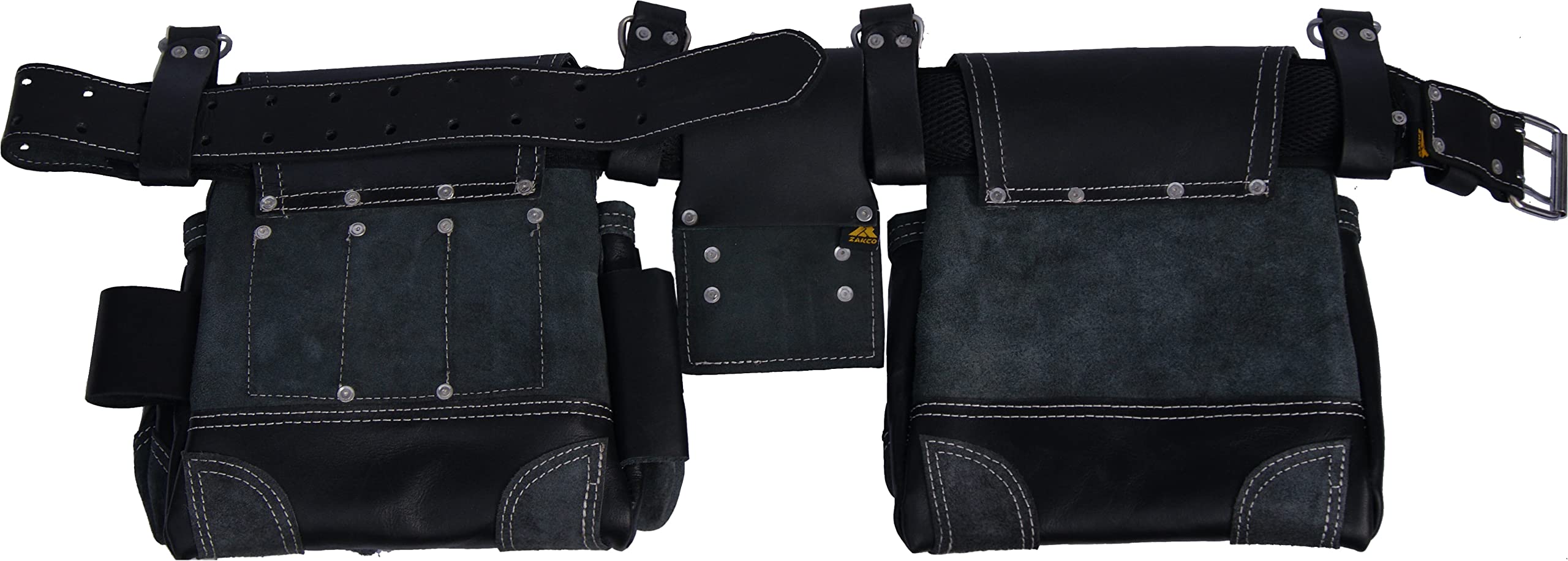 Zakco PRO-20 Oil Tanned Genuine Grain Leather Tool Belt for Construction, Framing, Roofing & Drywall - Heavy Duty Leather Work Belt with Tool Pouches & Rig (Black) - Perfect for Carpenters, Contractors & DIY Home Improvement Projects
