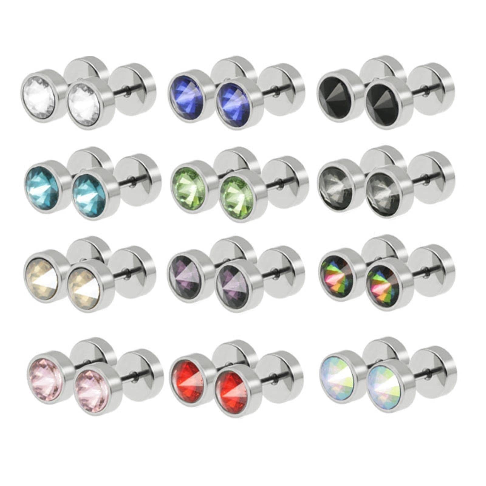 Stainless Steel Crystal Gem Stud Earrings for Women & Men - Unisex Barbell Ear Studs, Hypoallergenic Punk Jewelry - Perfect for Parties, Gifts & Everyday Wear