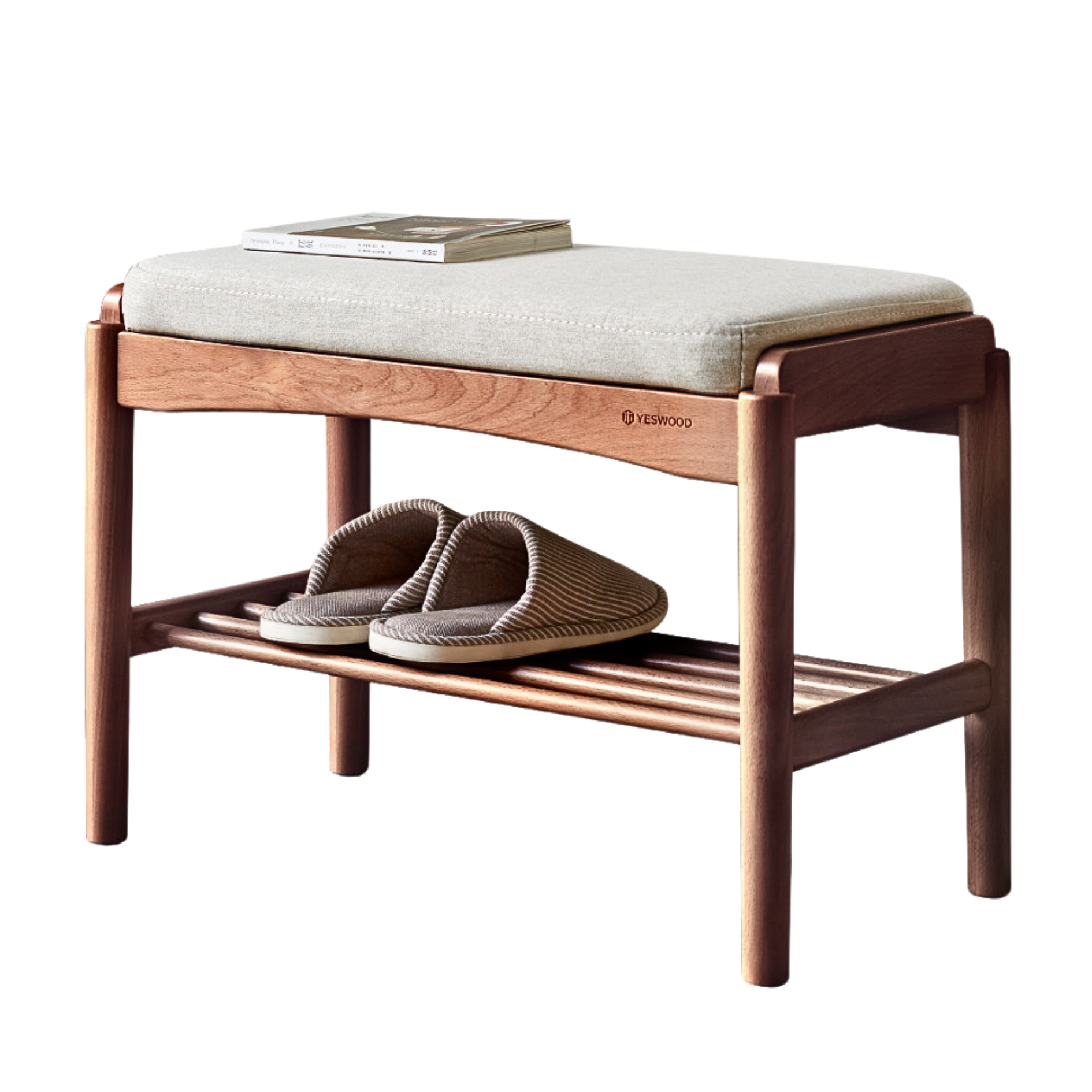 23x12x16 inch/ 60x30x42cm/ Walnut color/ Beech bench Fabric - Beige