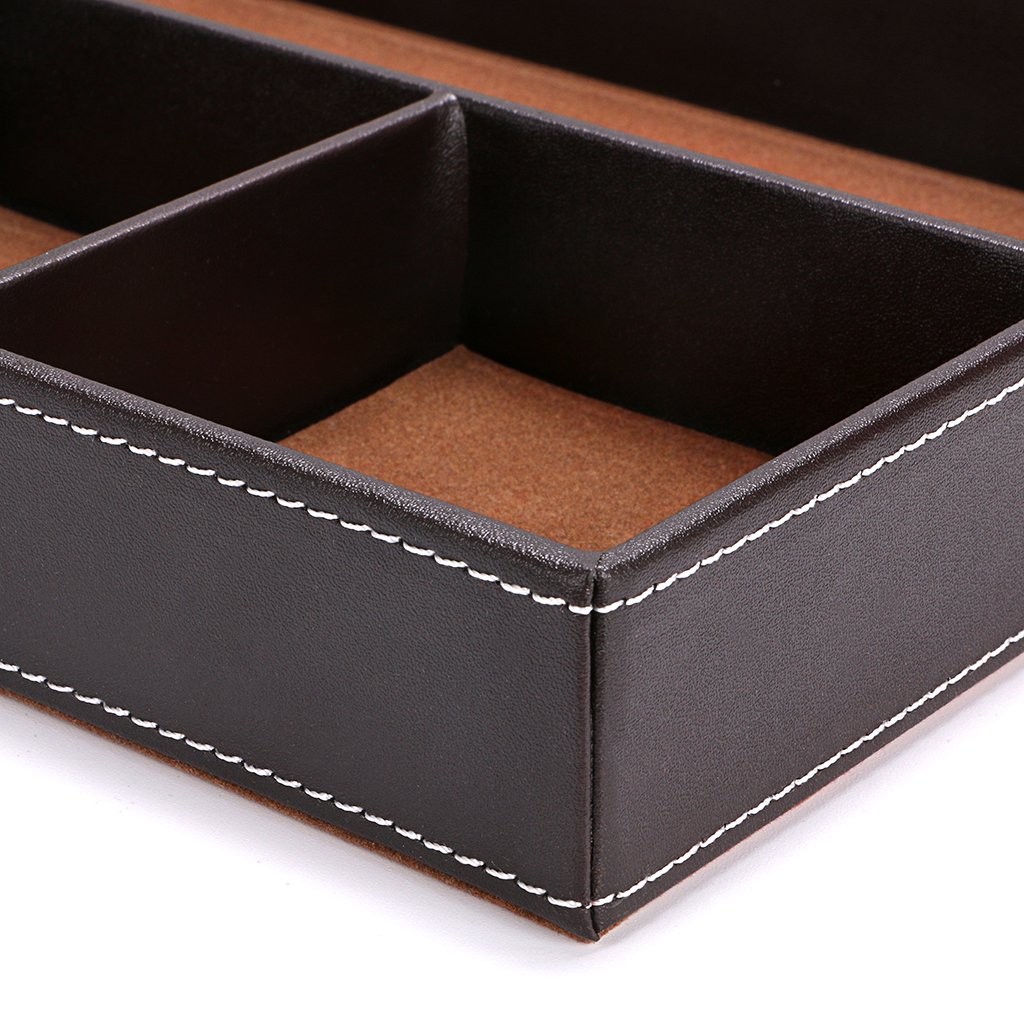 BTSKY 4-Slot PU Leather Desk Drawer Organizer - Office Supplies Storage Tray for Pens, Paper Clips & Accessories - Multi-Purpose Desktop Organizer (Brown) - Perfect for Home Office, School & Workspace Organization