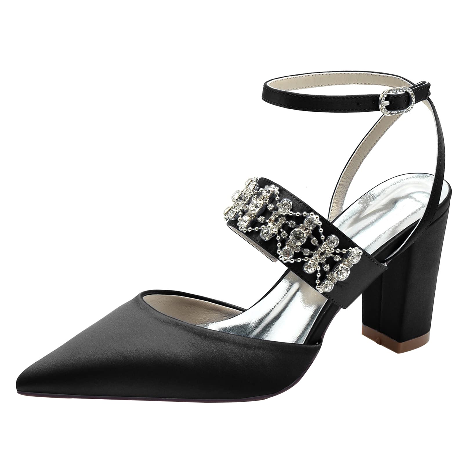 TNXZ Women's Rhinestone Glitter High Heels - Pointy Toe Ankle Strap Pump Shoes with Chunky Block Heel for Wedding, Party, Bride, Prom & Evening Occasions