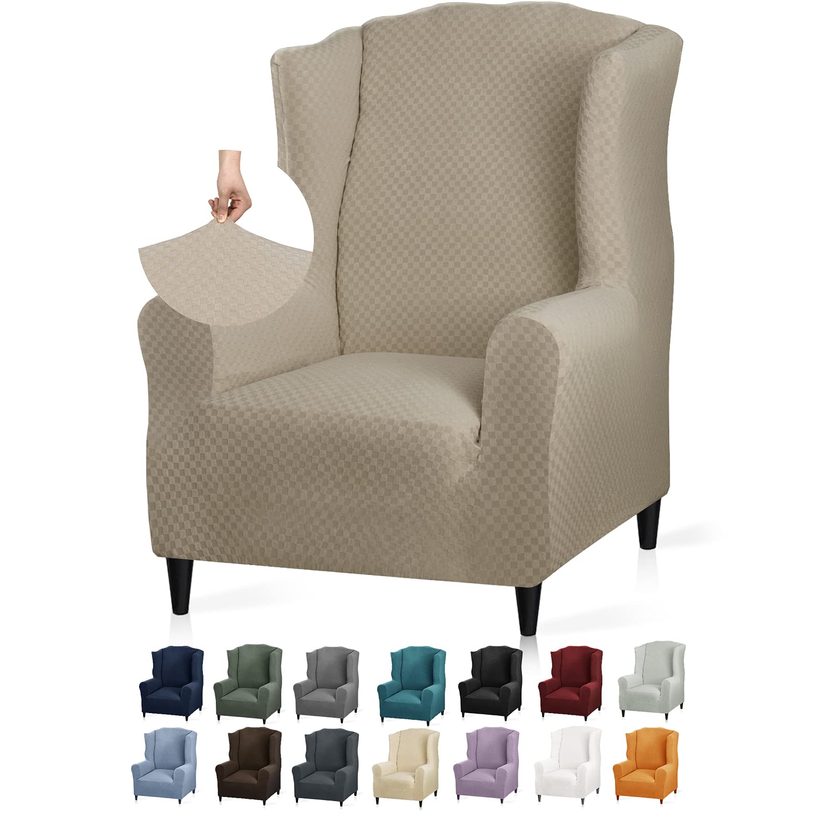 YEMYHOM Jacquard Wingback Chair Slipcover - Stretch Non-Slip Furniture Protector with Foam Rods for Living Room, Wing Chair Cover in Khaki | Perfect for Home Decor, Sofa Protection & Comfortable Seating