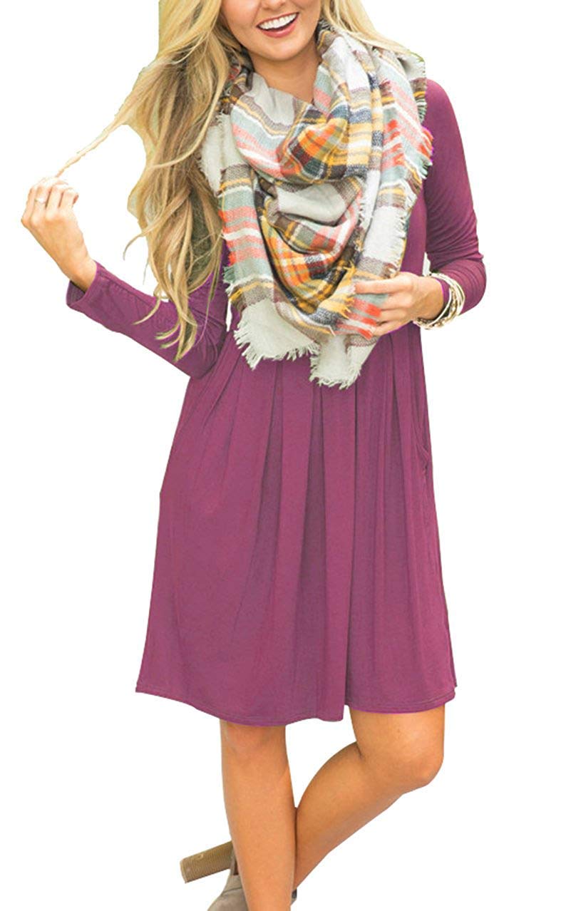 AUSELILY Women's Long Sleeve Pleated Swing Dress with Pockets - Knee Length Casual Loose Dress for Work, Date & Fall 2025 Fashion | Office Wear, Weekend Outfits & Special Occasions
