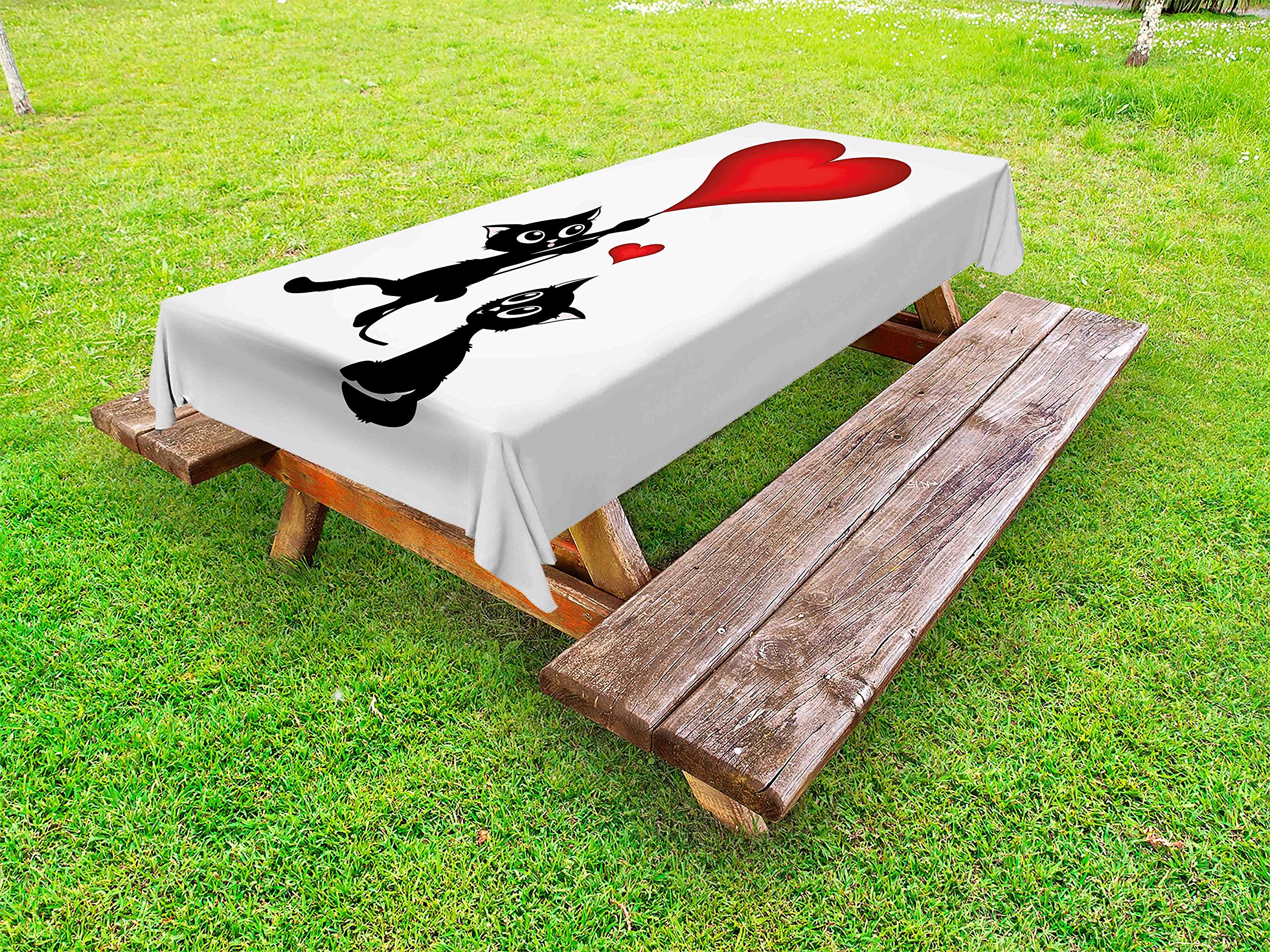 Ambesonne Valentine's Day Tablecloth - Romantic Cat with Heart Balloons Print, Washable Picnic Table Cover 58x120 Inches, Vermilion & Black - Perfect for Outdoor Dining, Anniversary Celebrations & Couples' Date Nights