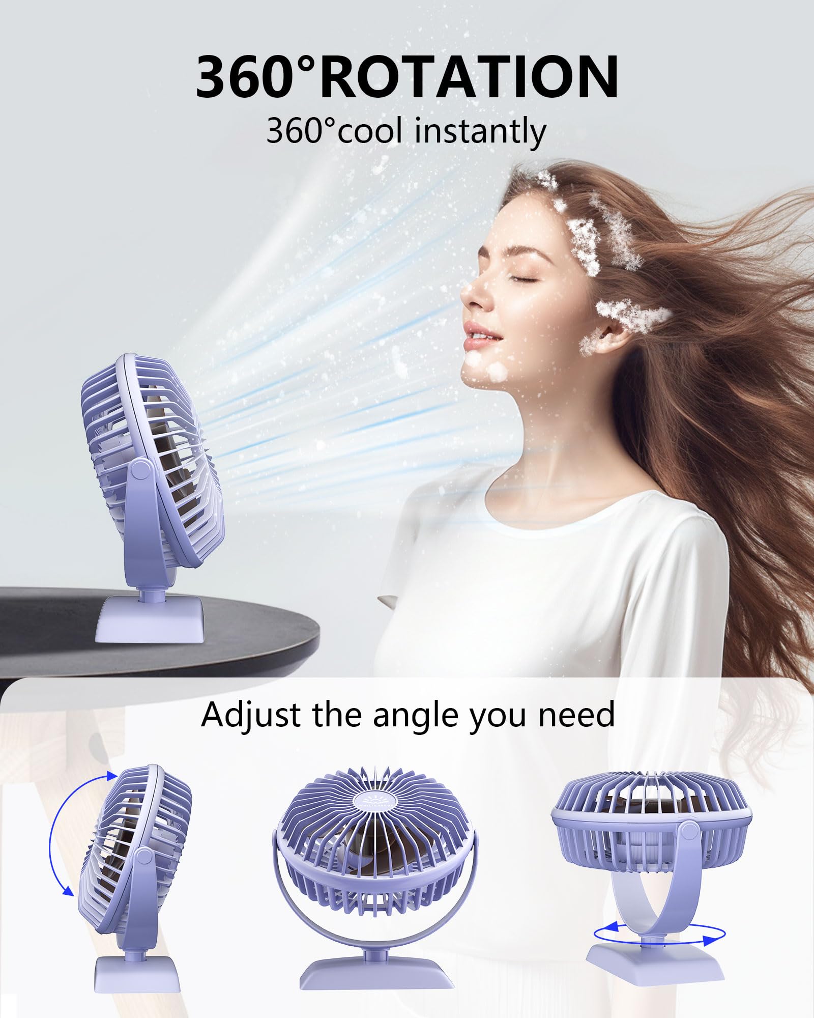 USB Desk Fan - Powerful Mini Personal Fan with 3 Speed Settings, 360° Rotation & Ultra Quiet Operation | Portable USB-Powered Table Fan for Home, Office, Bedroom, Desktop & Travel Use | Perfect for Workstations, Dorm Rooms & Summer Cooling (Purple)