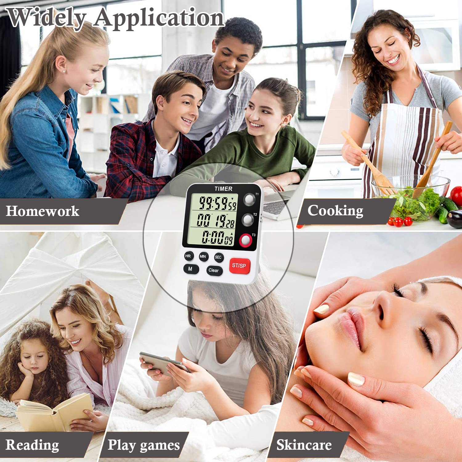 Digital 3-Channel Kitchen Timer with Large LCD Display - Count Up/Down Stopwatch, ON/OFF Switch, Adjustable Volume & Magnetic Back (Battery Included) - Perfect for Cooking, Baking, Teaching & Reading Aloud