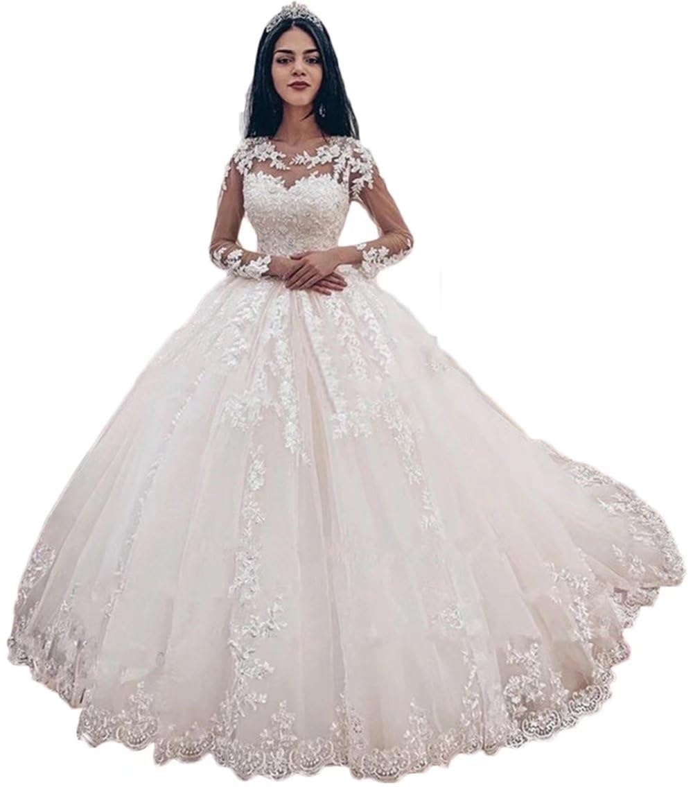 Elegant Long Sleeve Lace Wedding Dress for Women - Ball Gown Bridal Gown with Applique Details | Perfect for Church Ceremonies, Formal Weddings & Bride Portraits