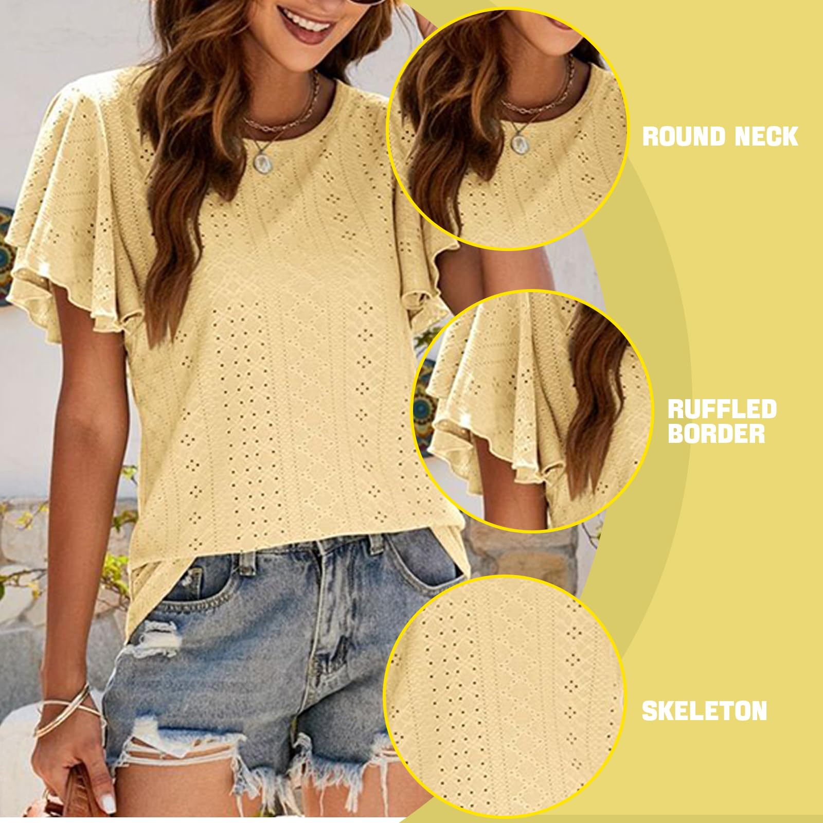 Women's Summer Tops - Short Sleeve Flowy Tunic T-Shirt with Puff Sleeves & Round Neck | Breathable White Eyelet Blouse for Casual Wear, Beach Outfits & Summer Fashion