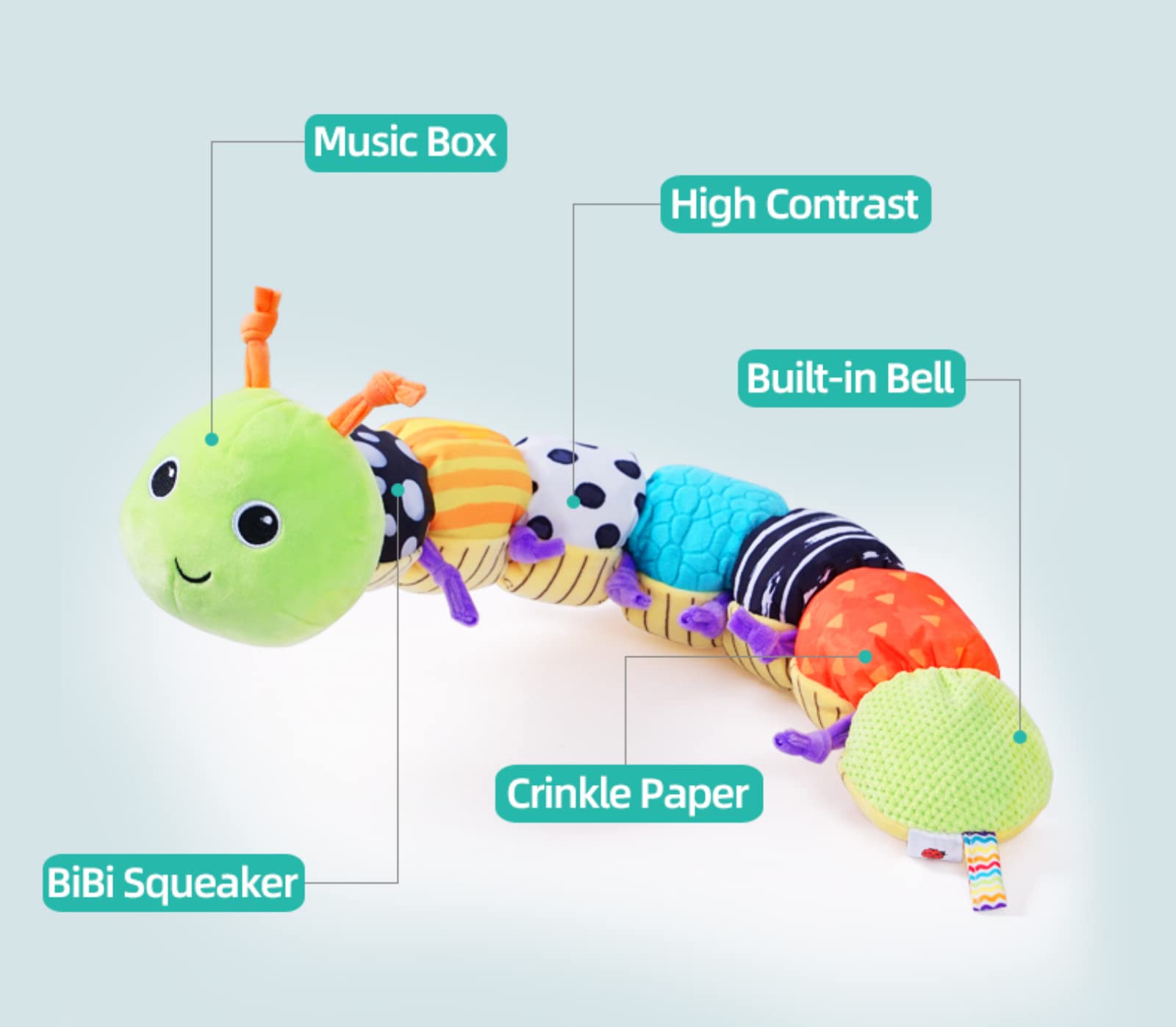 Best Baby Toys for 6-12 Months - Musical Caterpillar Stuffed Animal with Ruler Design, Bell Rings, Crinkle & Rattle Sounds - Developmental Sensory Toys for Newborn Boys & Girls 0-12 Months - Perfect for Tummy Time, Early Learning & Playtime