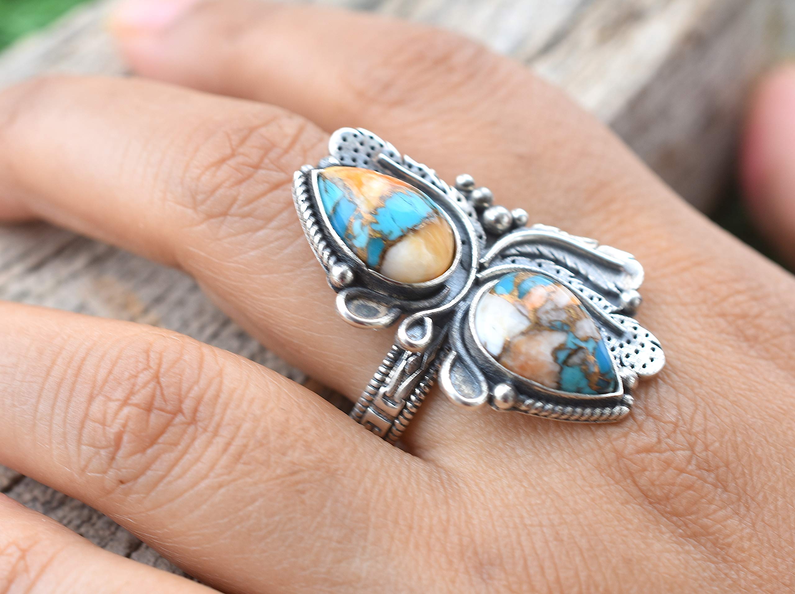 Vintage Handmade 925 Sterling Silver Oyster Copper Turquoise Ring - Boho Hippie Jewelry, Spiny Turquoise Birthstone Ring for Women - Perfect Birthday Gift, Wedding, Party & Everyday Wear - TQ-05