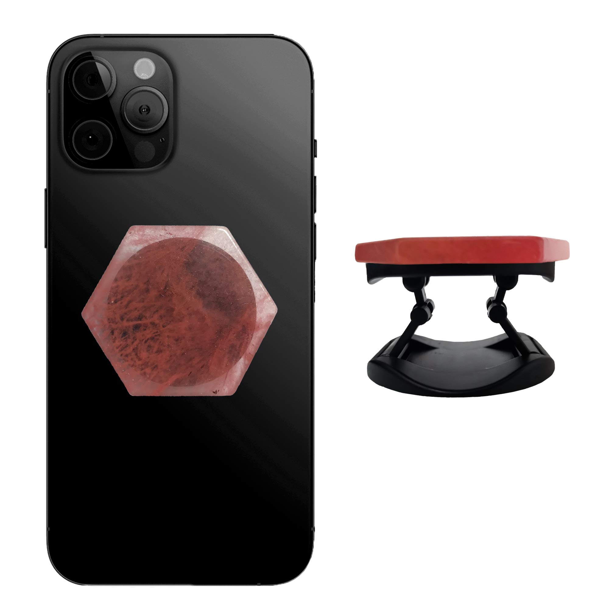 Natural Crystal Hexagon Phone Grip - Collapsible Phone Holder for iPhone, Android & Tablets | Portable Anti-Slip Grip | Hexagon Red Crystal | Perfect for Work, Travel & Daily Use