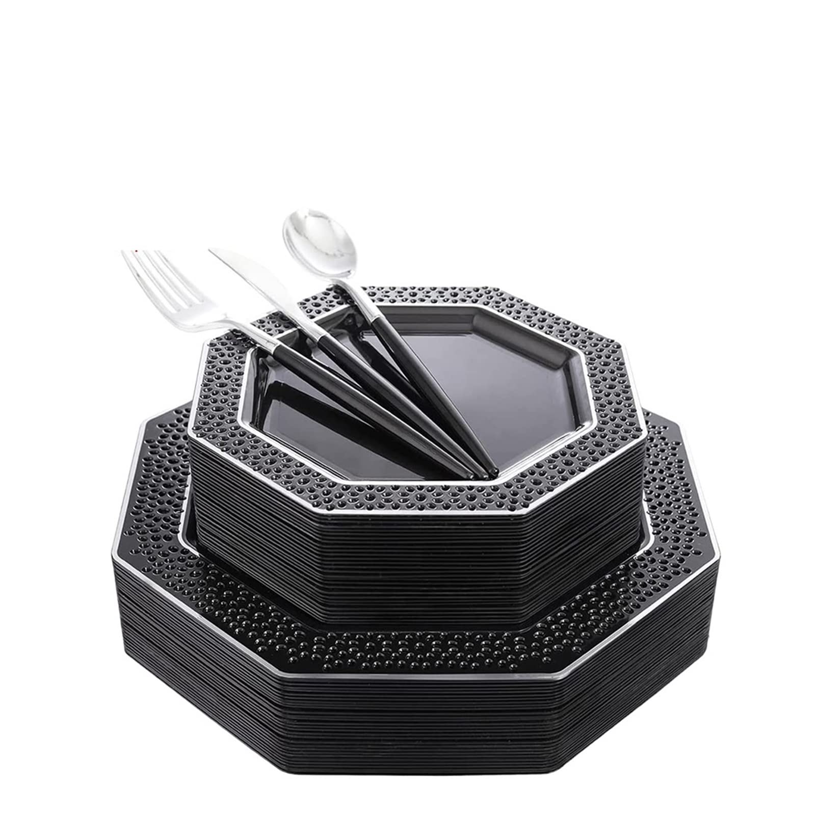 50-Piece Disposable Octagonal Plastic Plate & Silverware Set - Elegant Party Tableware for 10 Guests - Perfect for Christmas, Halloween & Home Celebrations (Color: 02, 50pcs) - Ideal for Dinner Parties, BBQs, Picnics & Holiday Gatherings