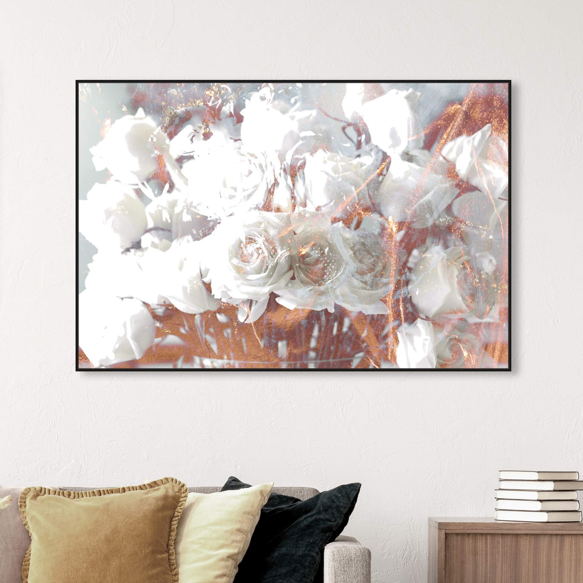 Rose Gold Feast Floral & Botanical Wall Art Canvas Print - 54x36 Inches, White & Gold Framed Decor for Living Room, Bedroom, or Office