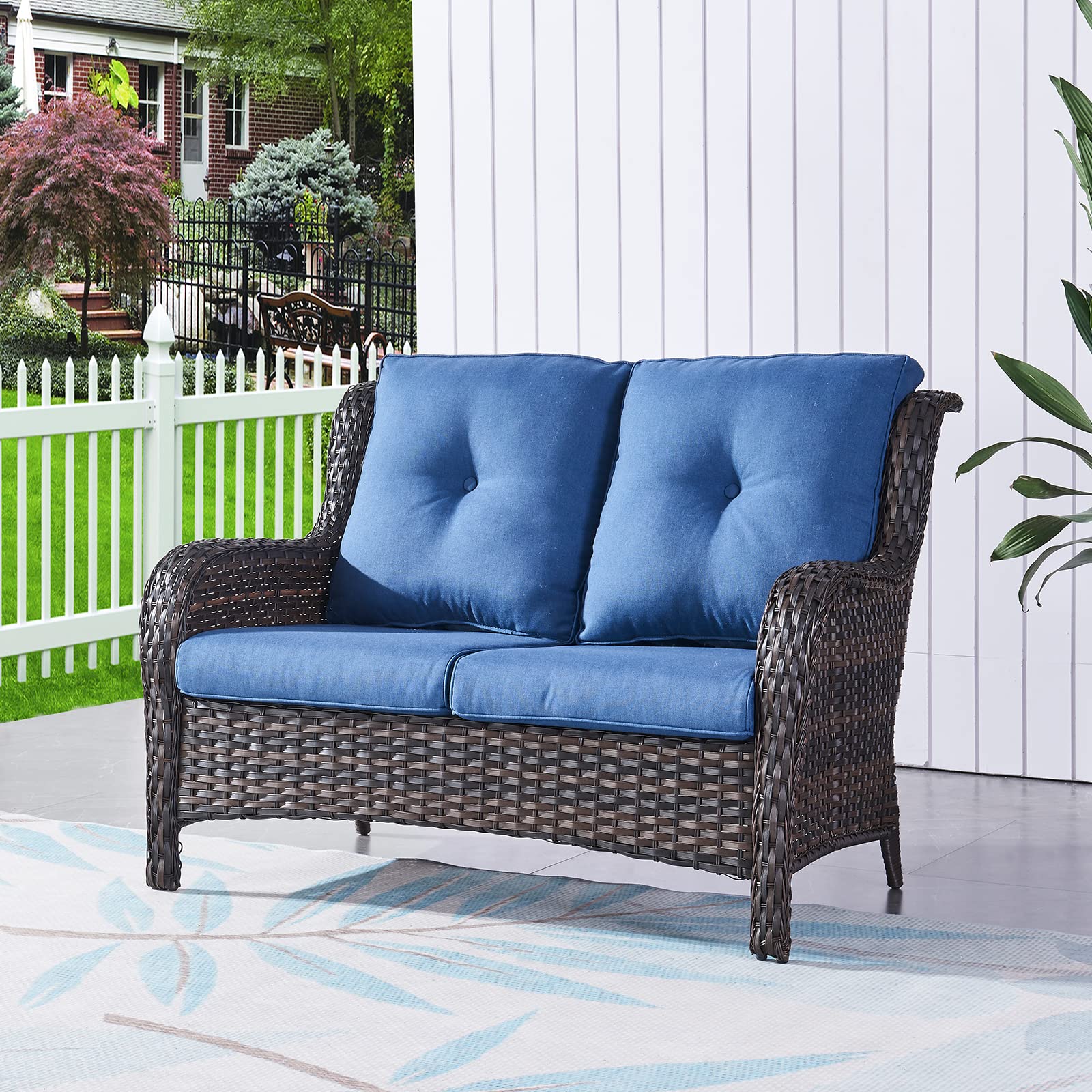 2-Seat Wicker Patio Loveseat - Deep Seating Rattan Outdoor Sofa with Cushions for Porch, Deck, Balcony (Brown/Blue) | Perfect for Backyard Relaxation, Garden Lounging & Poolside Comfort