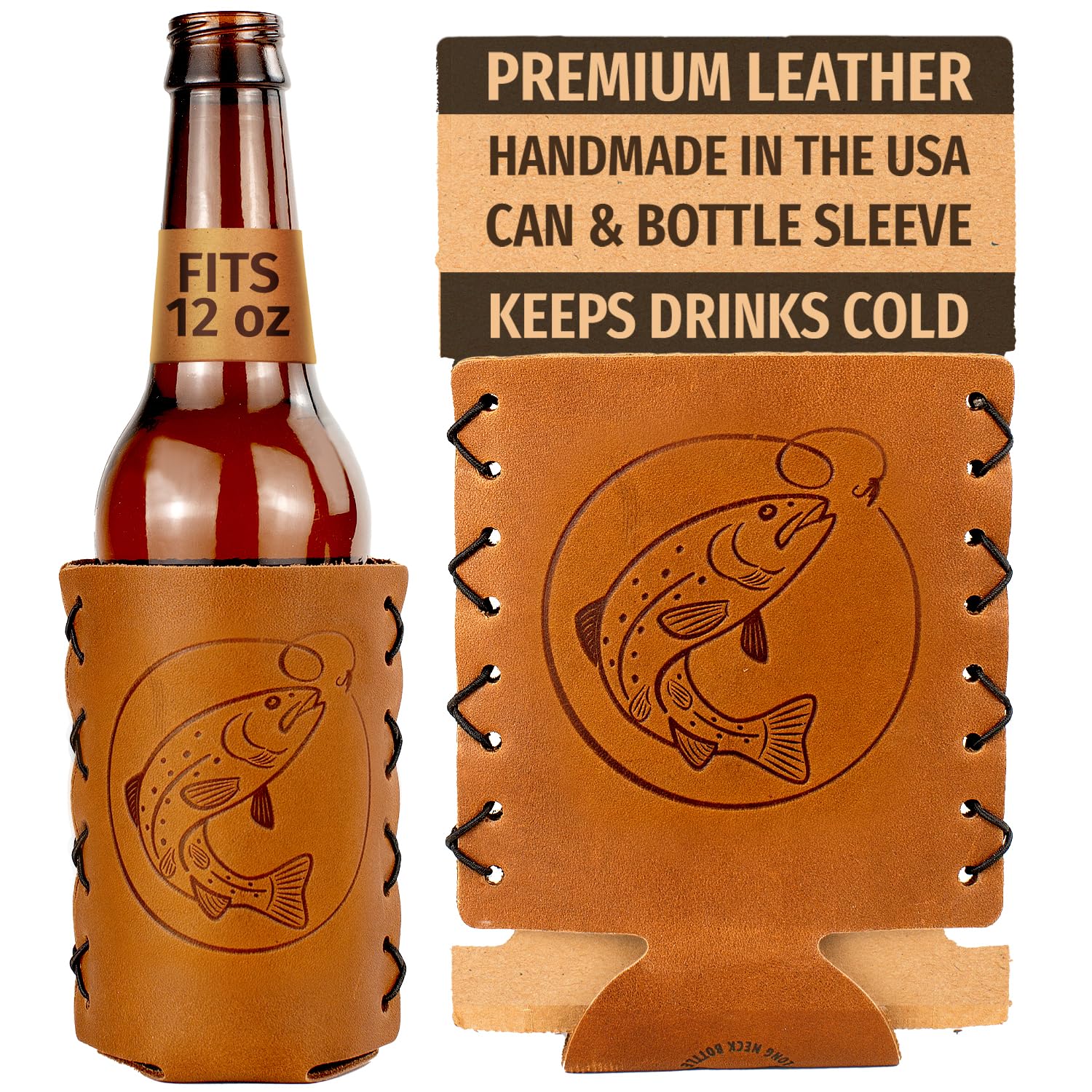 Oowee Genuine Leather Bottle Sleeves for 12oz Longneck Beer Bottles - Insulated Bottle Holder & Huggies for Soda, Beer, Seltzer - Handcrafted in USA with Fish Hook Design - Perfect for Camping, BBQ Parties & Outdoor Adventures