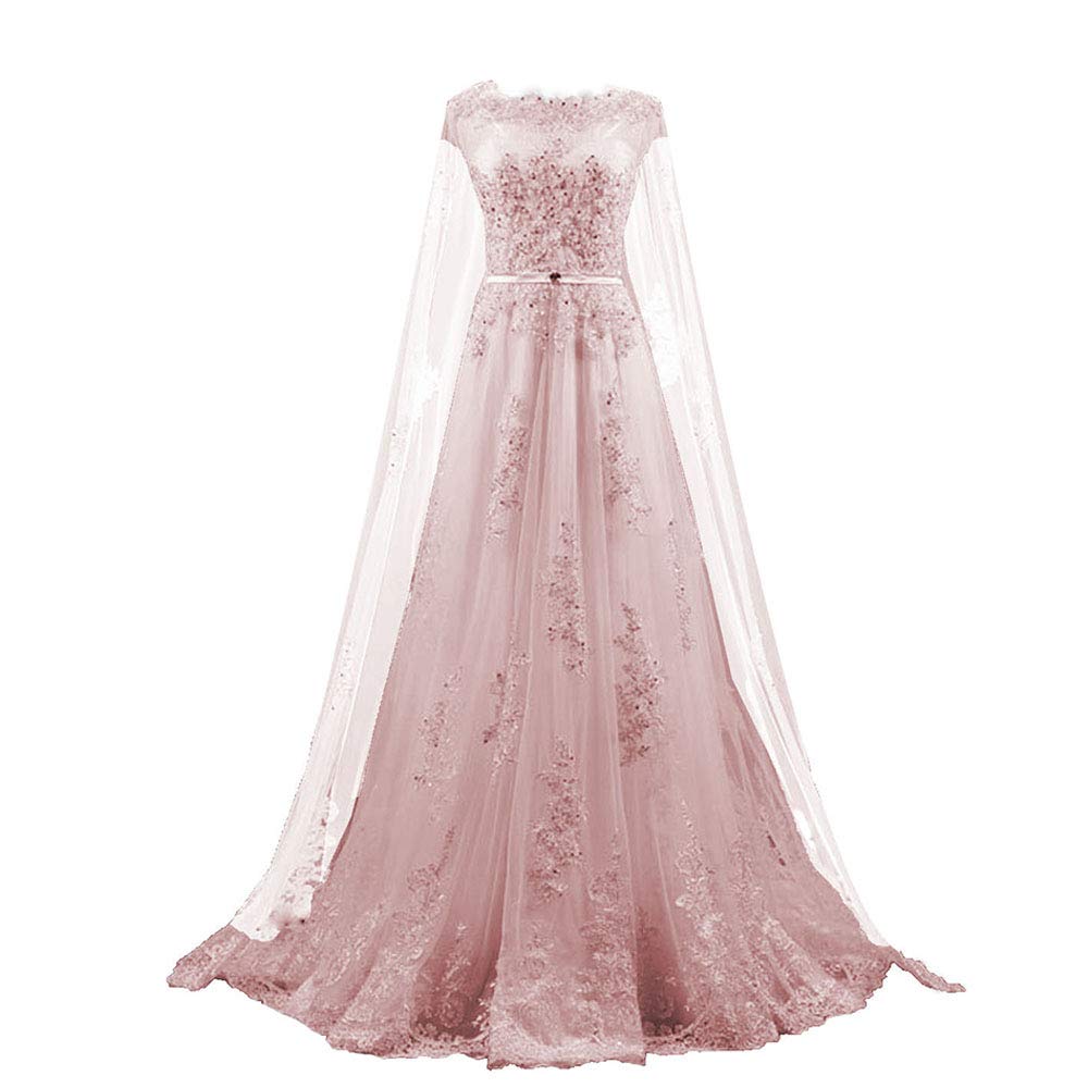 Promworld Women's Elegant Beaded Lace Tulle Formal Evening Gown with Detachable Cape - Perfect for Prom, Wedding, and Black Tie Events