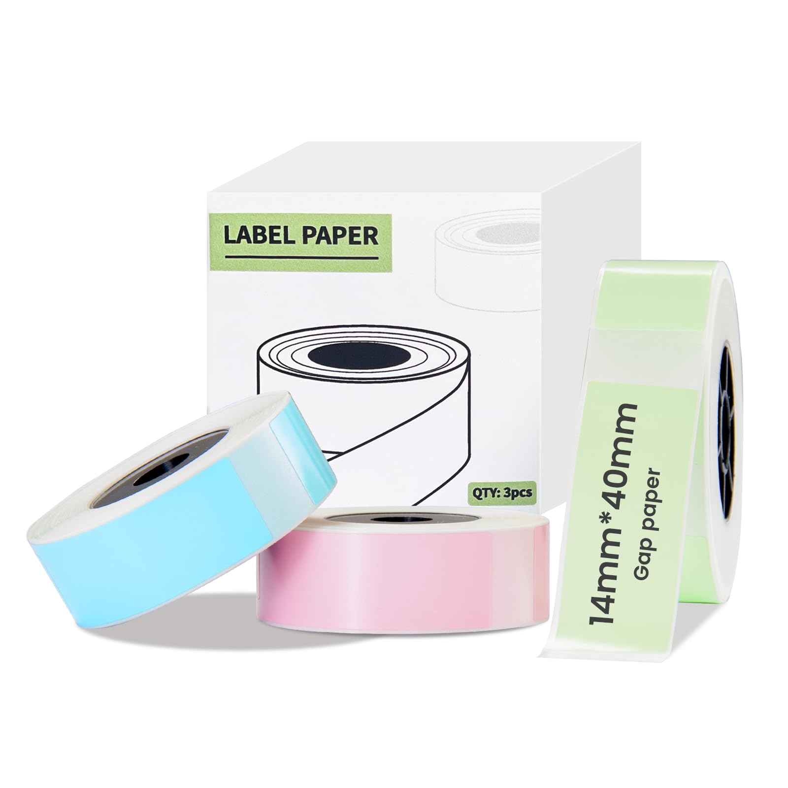 Thermal Paper Self-Adhesive Label Tape 14x40mm - 160 Tapes/Roll, 3-Roll Pack (Blue, Green, Pink) for Brother Label Maker - Perfect for Home Office Organization, Pantry Labels & Craft Projects