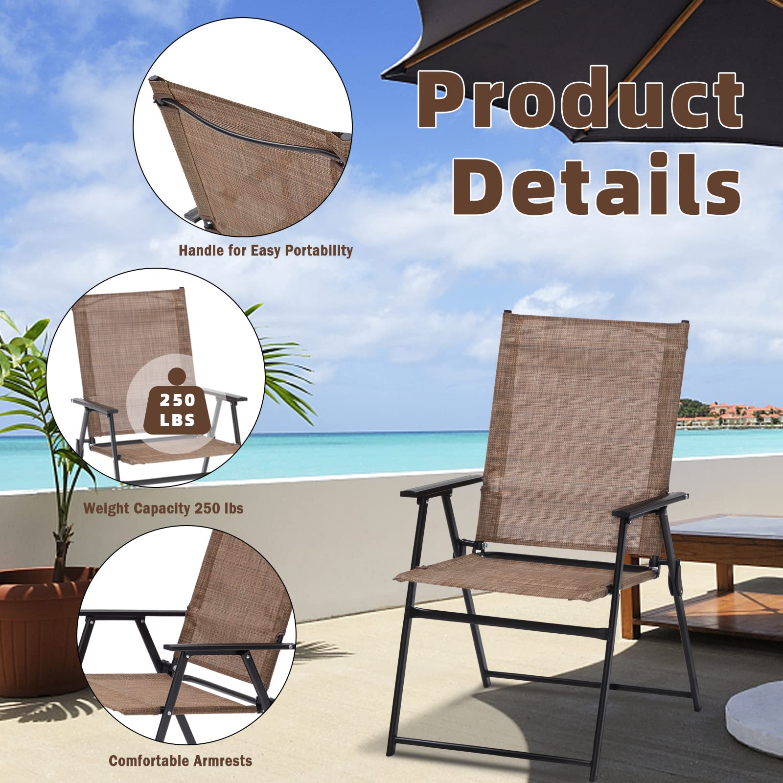 VICLLAX 4-Pack Folding Patio Chairs with Arms - Portable Outdoor Dining Chairs with Sling Back for Garden, Patio, Poolside & Camping - Lightweight & Space-Saving Design for Easy Storage & Transport