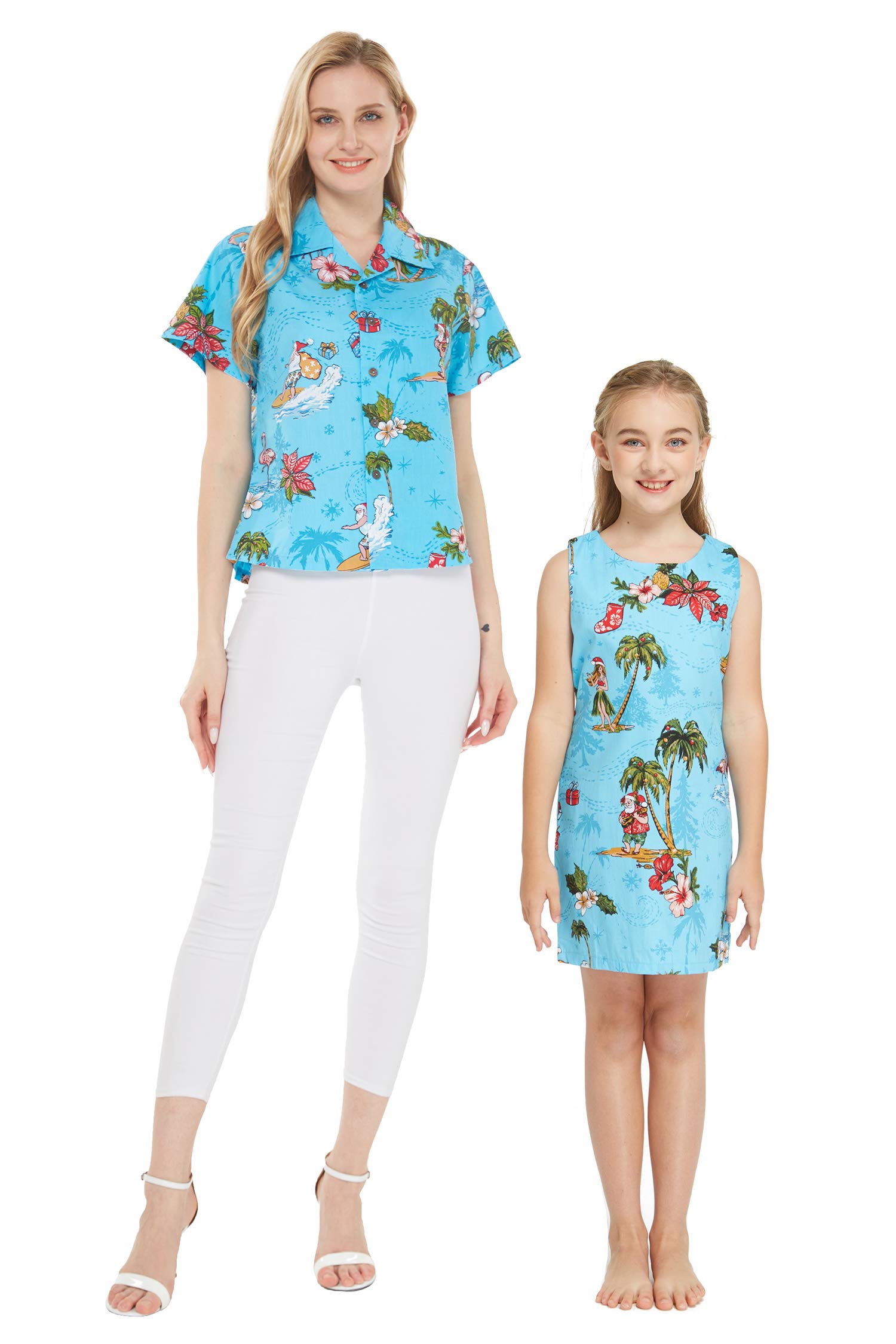 Hawaiian Matching Outfit Set for Mom and Daughter - Christmas Themed Floral Shirt & Tank Dress | Perfect for Family Photos, Beach Vacations, and Holiday Parties