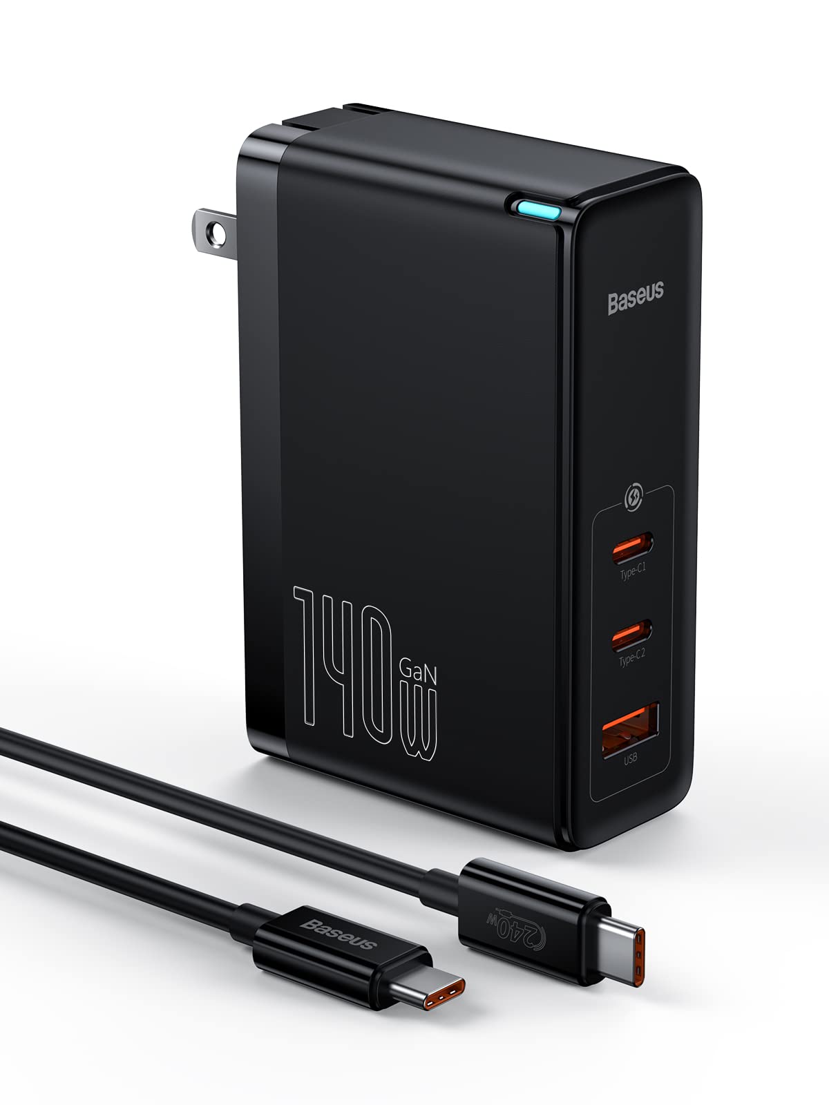 Baseus 140W USB C Wall Charger PD 3.1 with 3.3ft USB C to C Cable - 3-Port GaN5 Fast Charger for MacBook Pro 16