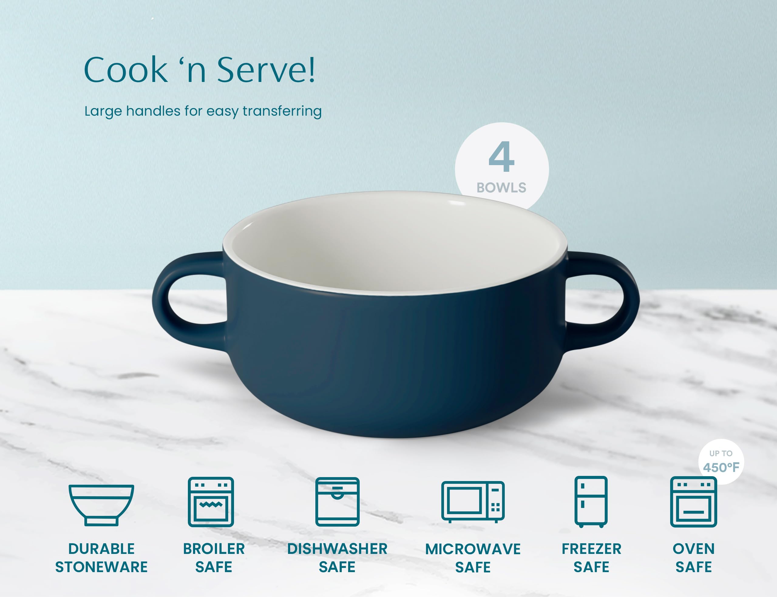 Kook Soup Crocks Set of 4 - 18oz Ceramic Bowls with Handles, Oven, Broiler, Microwave & Dishwasher Safe - Perfect for Casseroles, Pasta, Cereal - Ideal for Family Dinners, Meal Prep & Entertaining (Navy Blue)