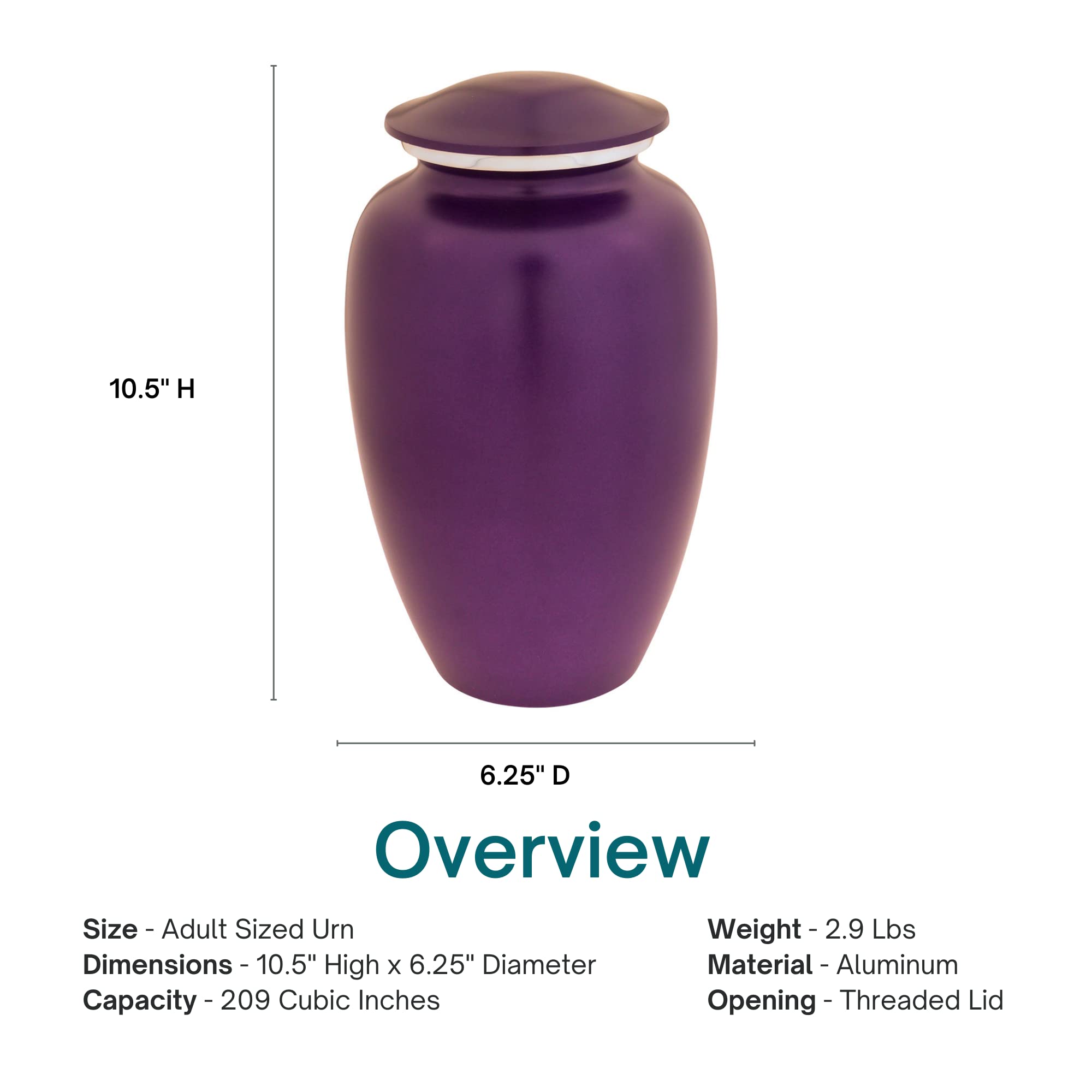 Dark Amethyst Cremation Urn for Ashes - Elegant Aluminum Purple Urn for Adults (10.5 Inches) - Perfect for Memorial Services & Home Display