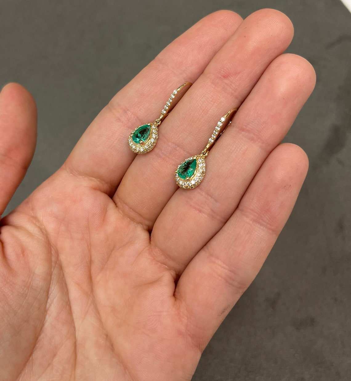 2.50tcw Colombian Emerald & Pave Diamond Teardrop Lever Back Dangle Earrings in 14K Gold - Elegant Jewelry for Weddings, Parties & Special Occasions
