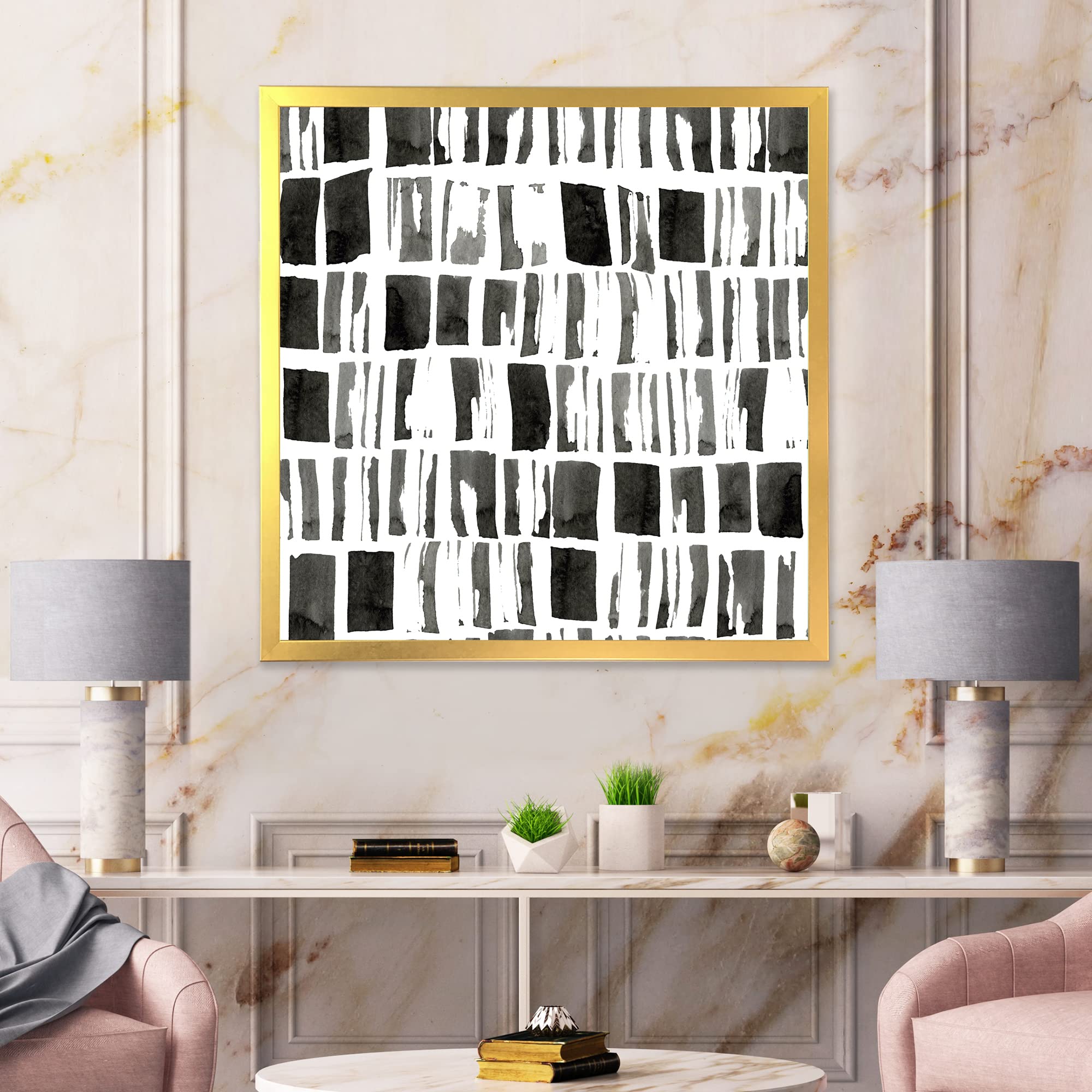 DesignQ Abstract Monochrome Bricks Modern Framed Wall Art - Contemporary Home Decor for Living Room, Bedroom & Office